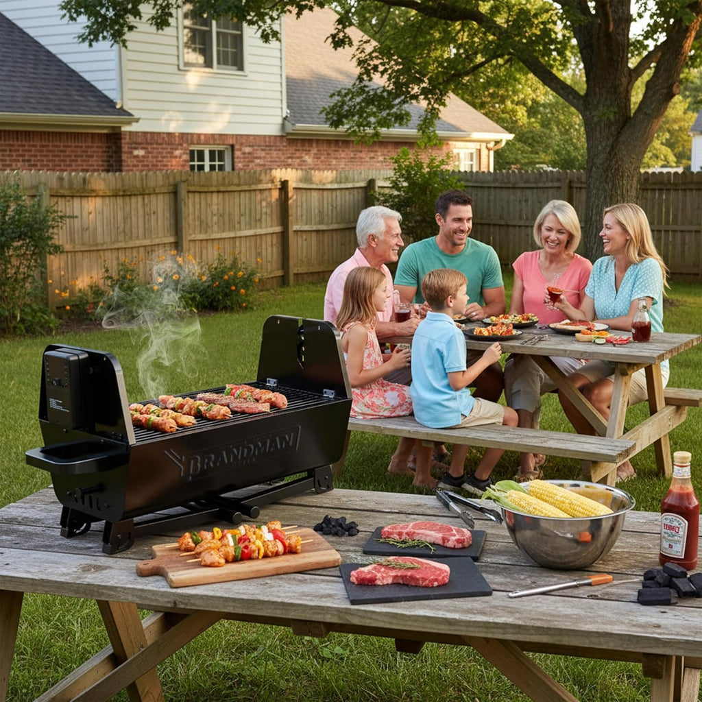 BRANDMAN GRILLS SINCE 1987 Rotisserie Grill Charcoal BBQ Grill 2-in-1 Portable Foldable Outdoor Grill 257 sq.in. Charcoal Spit Rotisserie Grill for Whole Chicken Steaks Burger Camping Picnic Gathering