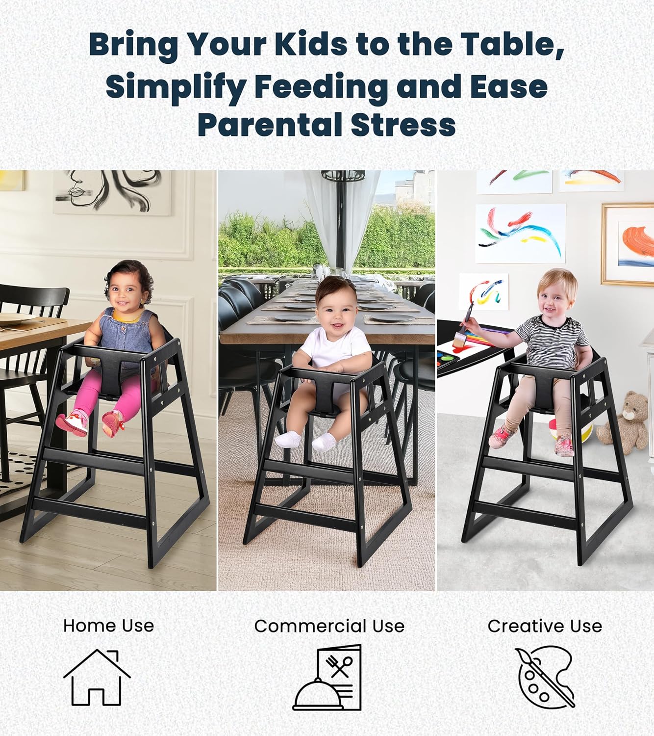 Alpine Wooden High Chairs for Babies and Toddlers with Safety Strap, Commercial Grade Restaurant High Chair, Durable Wood Space Saver Baby Feeding Chair, Ideal for Dining Spaces (2 Pack, Black)