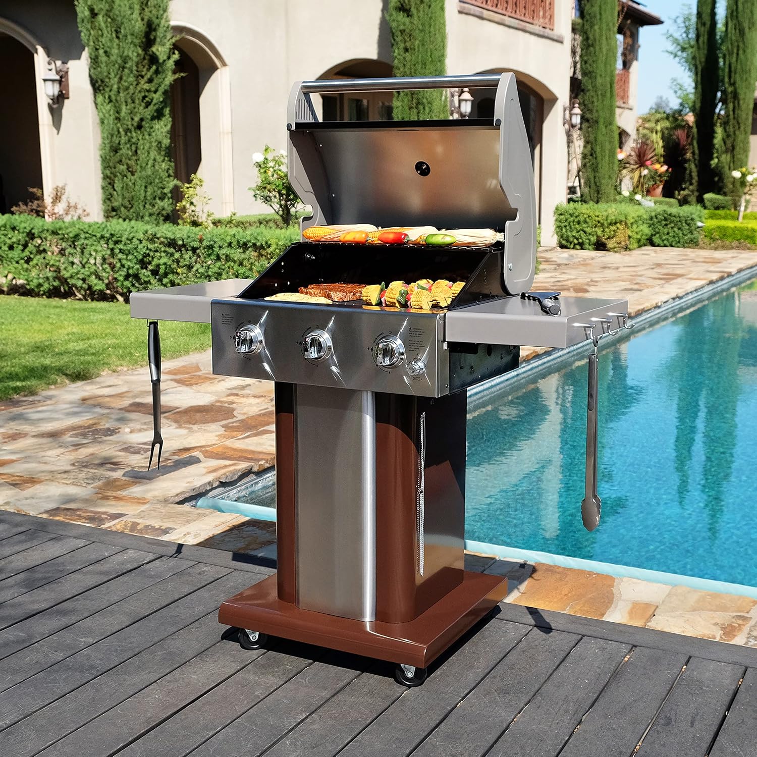 Permasteel 3-Burner Propane Gas Grill, 30,000 BTUs BBQ Grill with Cast Iron Grates, Foldable Side Tables & Tool Hooks, Outdoor Grill, Mocha