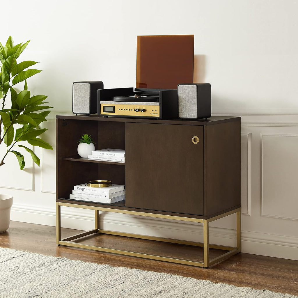 Crosley Furniture Byron Media Console and Record Player Stand with Storage for Vinyl Records, Dark Brown/Gold