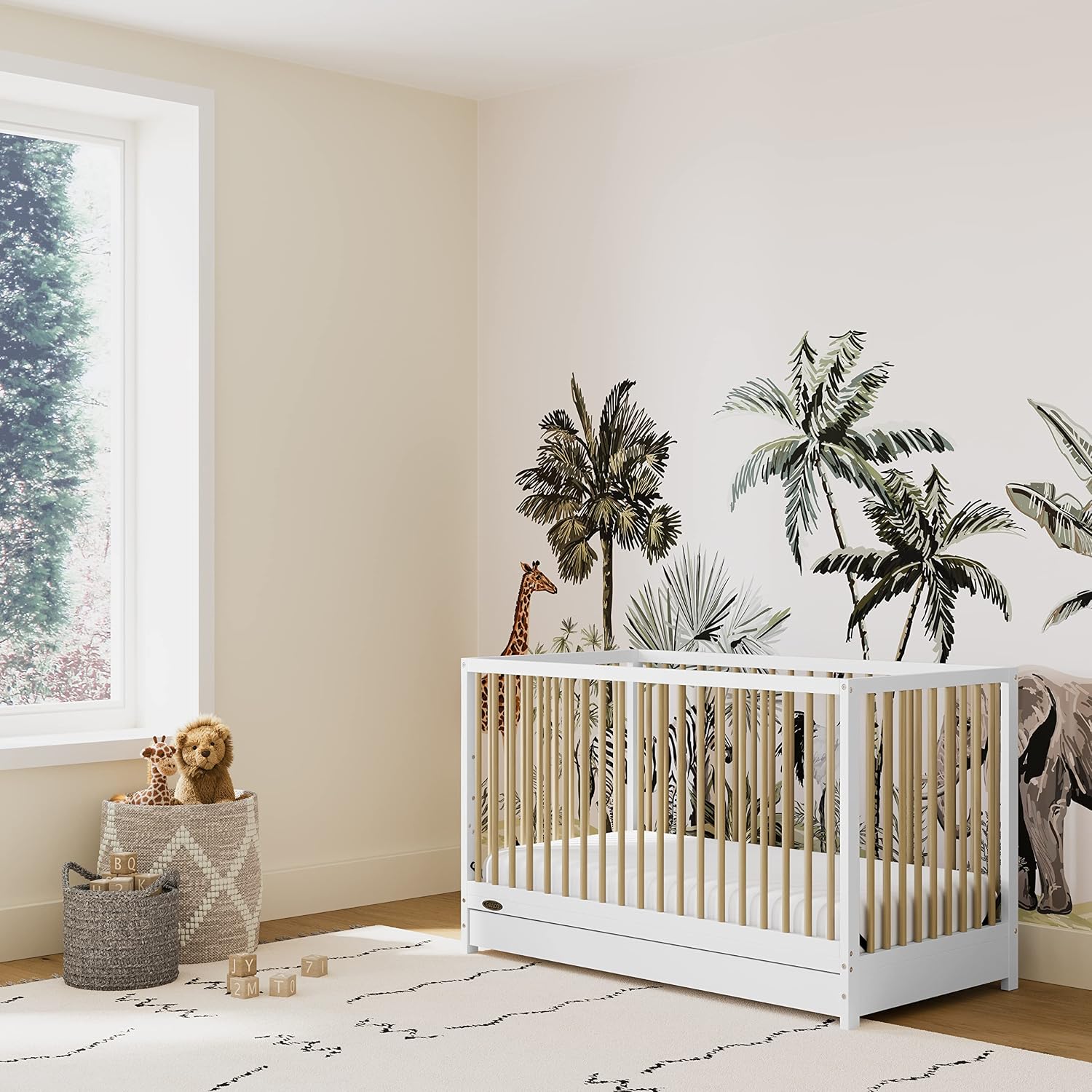 Graco Teddi 5-in-1 Convertible Crib with Drawer – GREENGUARD Gold Certified, Full-Size Nursery Storage Drawer, Baby Crib Converts to Toddler Bed, Daybed and Full-Size Bed (White and Driftwood)