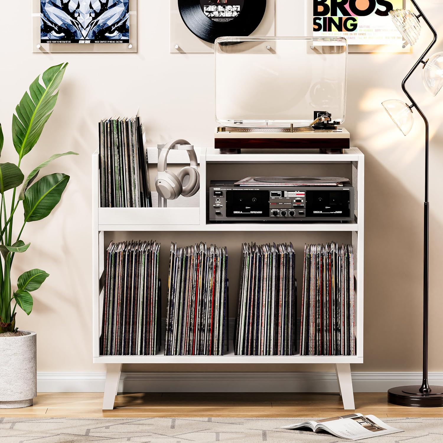 Record Player Stand with Vinyl Storage, Mid-Century Modern Turntable Stand Holds 150+ Albums, Record Player Table with Metal Dividers, Wood Media Console for Living Room (White, Single-Sided Medium)