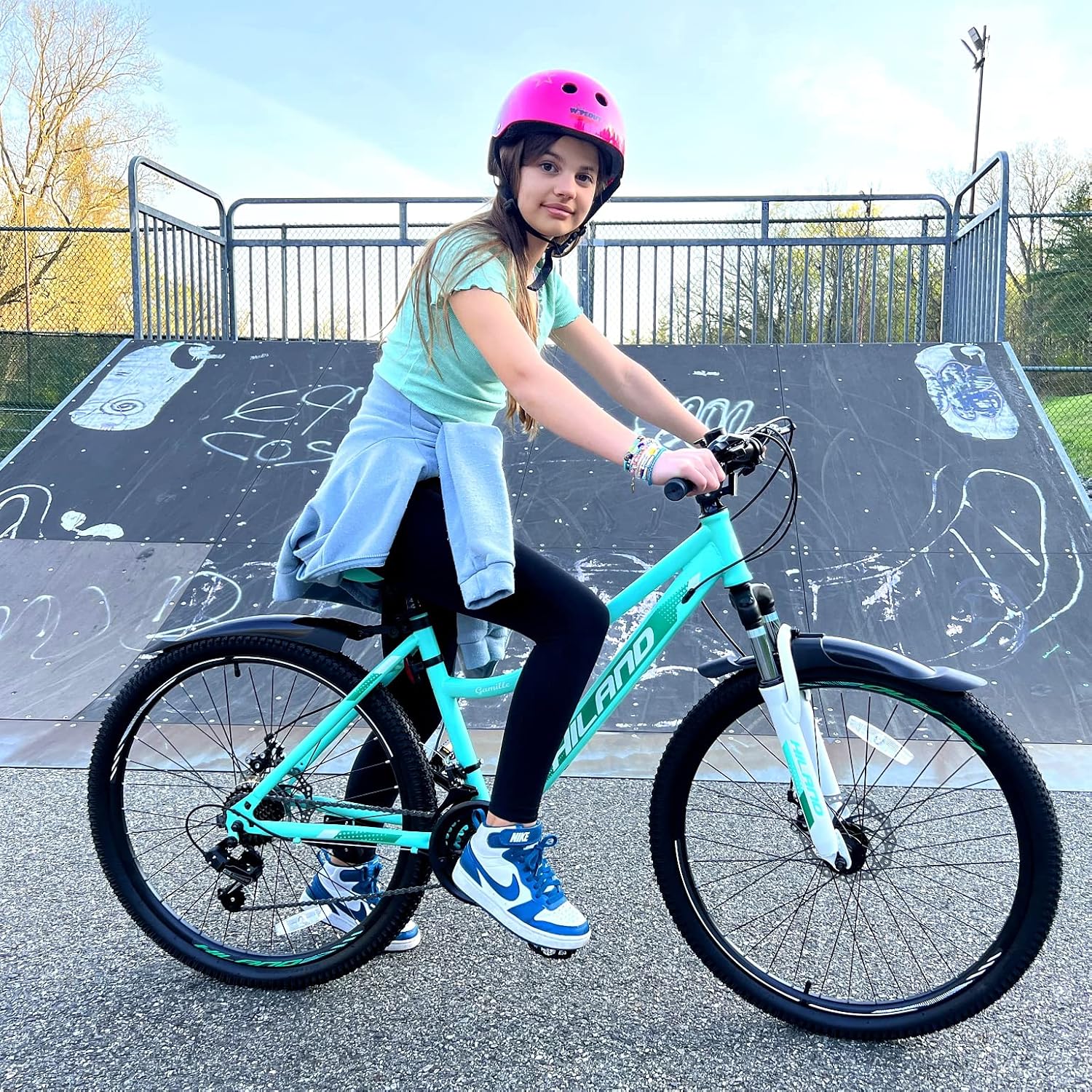 Hiland 26 Inch Womens Mountain Bike, with Step-Through Frame, 21 Speeds, Suspension Fork MTB, Bicycle for Women Men Adult