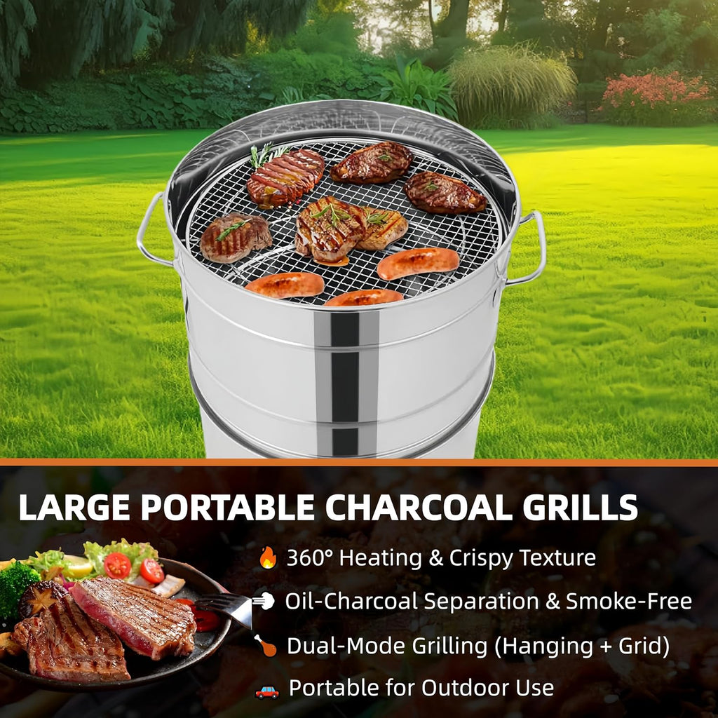 Large Stainless Steel Charcoal Hanging BBQ Grill, Charcoal Grills 360° Rotating Vertical Grill Portable Barbecue Barrel for Outdoor Cooking, Camping, Garden, Party