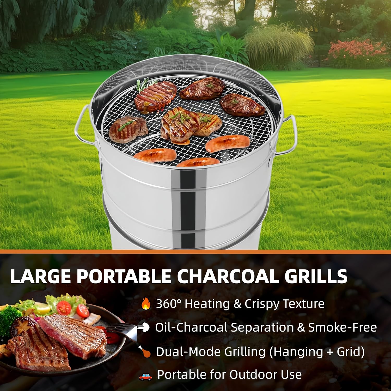 Large Stainless Steel Charcoal Hanging BBQ Grill, Charcoal Grills 360° Rotating Vertical Grill Portable Barbecue Barrel for Outdoor Cooking, Camping, Garden, Party