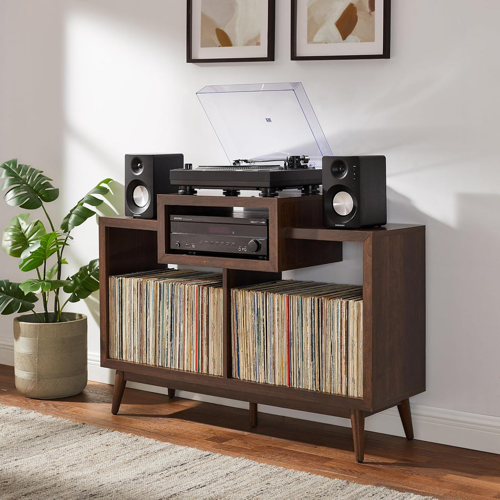 Crosley Furniture Nashville Mid Century Modern Console Record Player Stand, Stores Up to 220 Vinyl Records, Medium, Brown