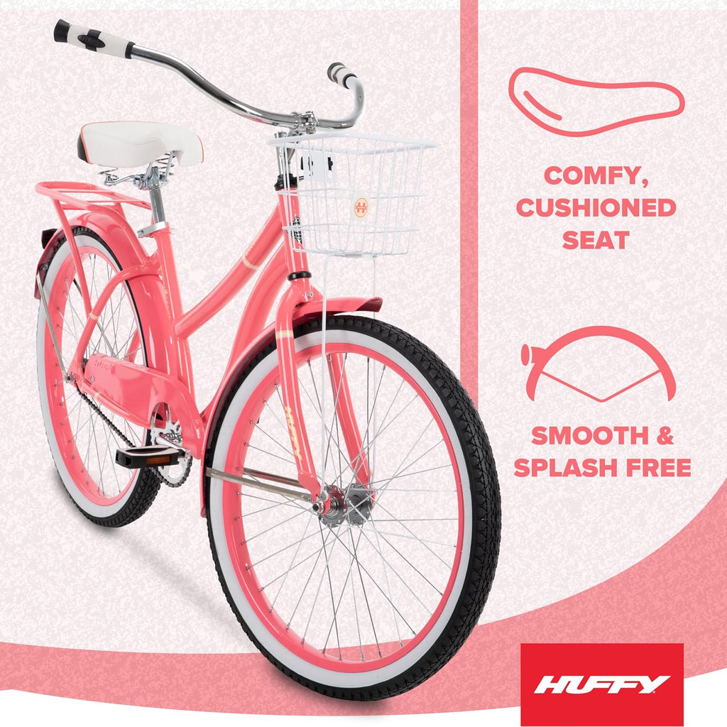 Huffy Cruiser Bike, Fairmont or Woodhaven Model, 20/24/26 Inch Sizes, Perfect for Casual Rides, Ergonomic Design, Rear Rack and Basket on Woodhaven Model, Simple Coaster Brakes, Multiple Color Options