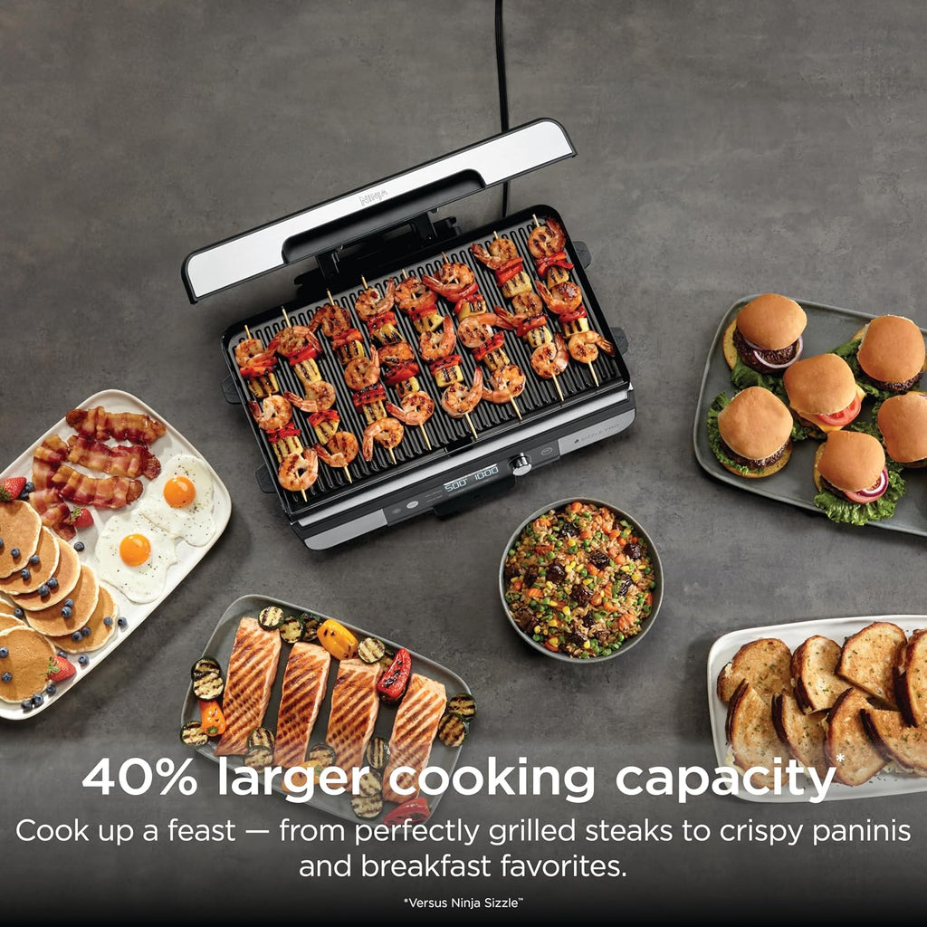 Ninja Sizzle Pro XL 20-Inch Indoor Griddle + Grill, Detachable Ventilated Lid, Grease Control, Ceramic Nonstick Plates, Even Edge Cooking, Extra Large Capacity, Versatile, Silver, GX101