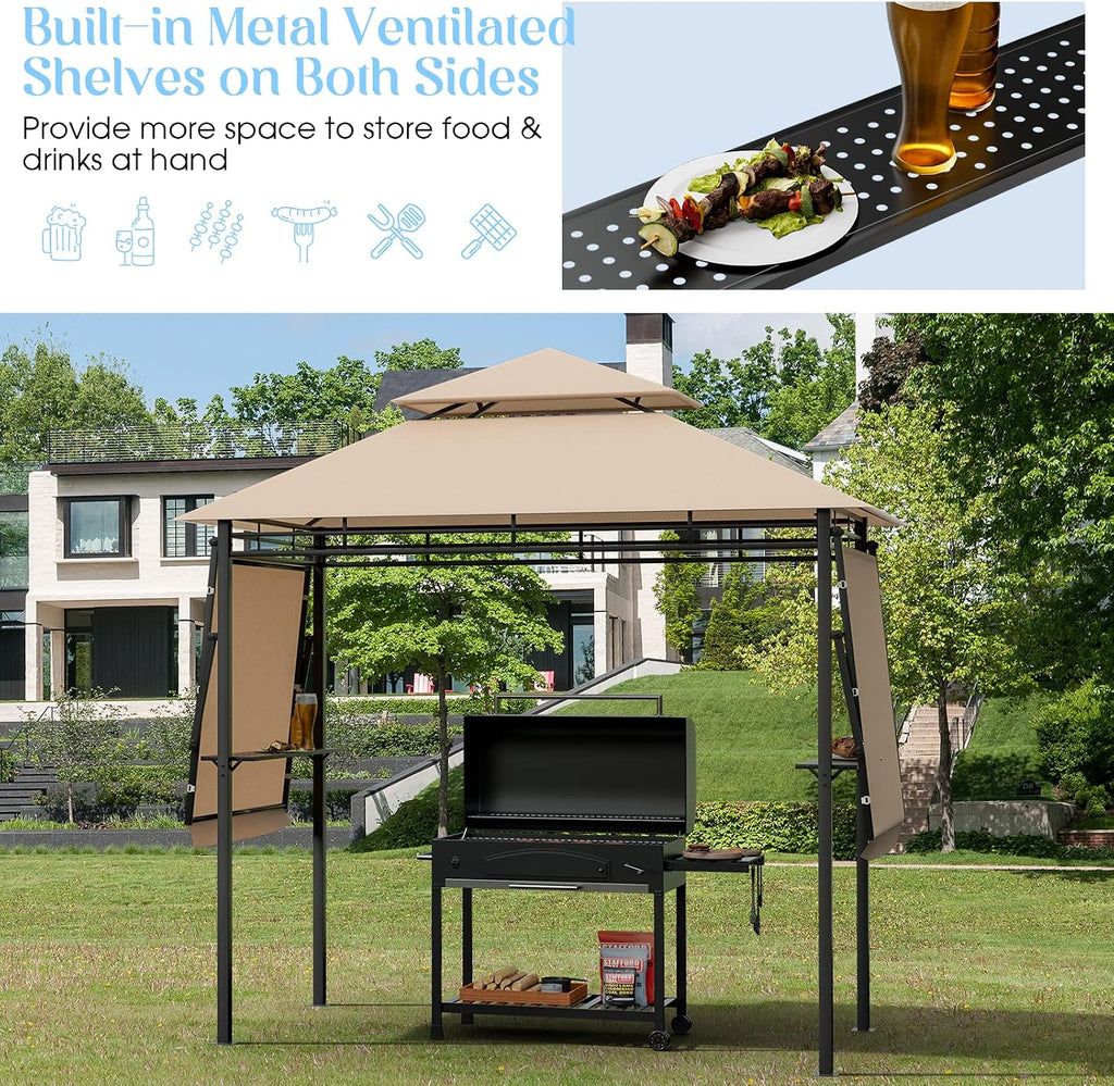 Tangkula 13.5x4 Ft Grill Gazebo with Dual Side Awnings, Double Tiered BBQ Gazebo with 2 Side Shelves, Heavy-Duty Steel Frame, CPAI-84 Barbecue Grill Gazebo Shelter for Patio, Garden, Beach, Terrace