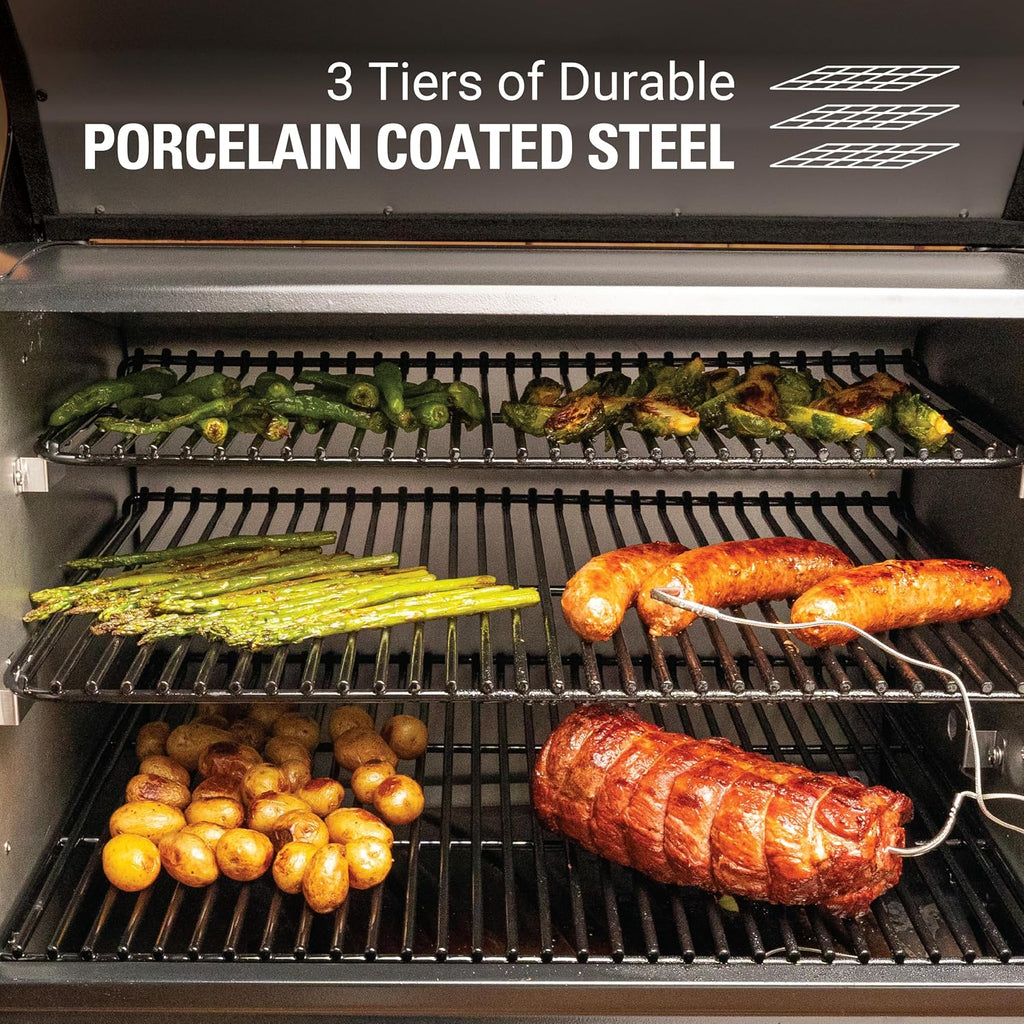Coleman Cookout 1000 Pellet Grill with 1035-Sq. In. Total Cooking Surface, LED Digital Controller, Timer, 2 Meat Probes, and Side Shelf, Pellet Smoker Grill with Fully Insulated Lid in Black/Gray