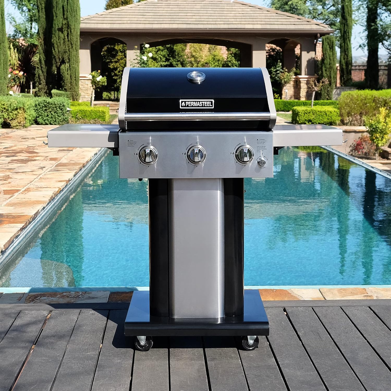 Permasteel 3-Burner Propane Gas Grill, 30,000 BTUs BBQ Grill with Cast Iron Grates, Foldable Side Tables & Tool Hooks, Outdoor Grill, Black
