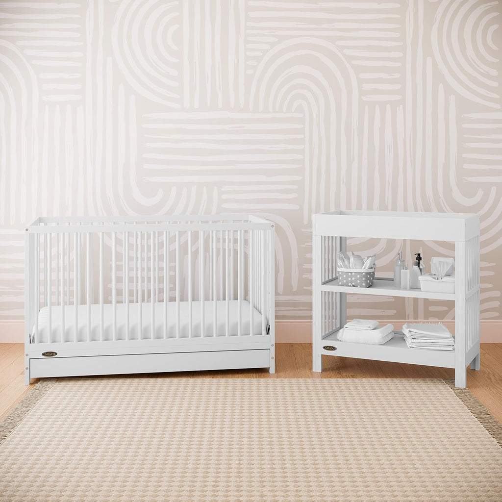 Graco Teddi 5-in-1 Convertible Crib with Drawer – GREENGUARD Gold Certified, Full-Size Nursery Storage Drawer, Baby Crib Converts to Toddler Bed, Daybed and Full-Size Bed (White)