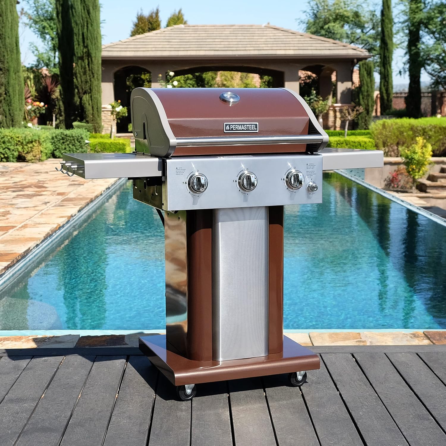 Permasteel 3-Burner Propane Gas Grill, 30,000 BTUs BBQ Grill with Cast Iron Grates, Foldable Side Tables & Tool Hooks, Outdoor Grill, Mocha