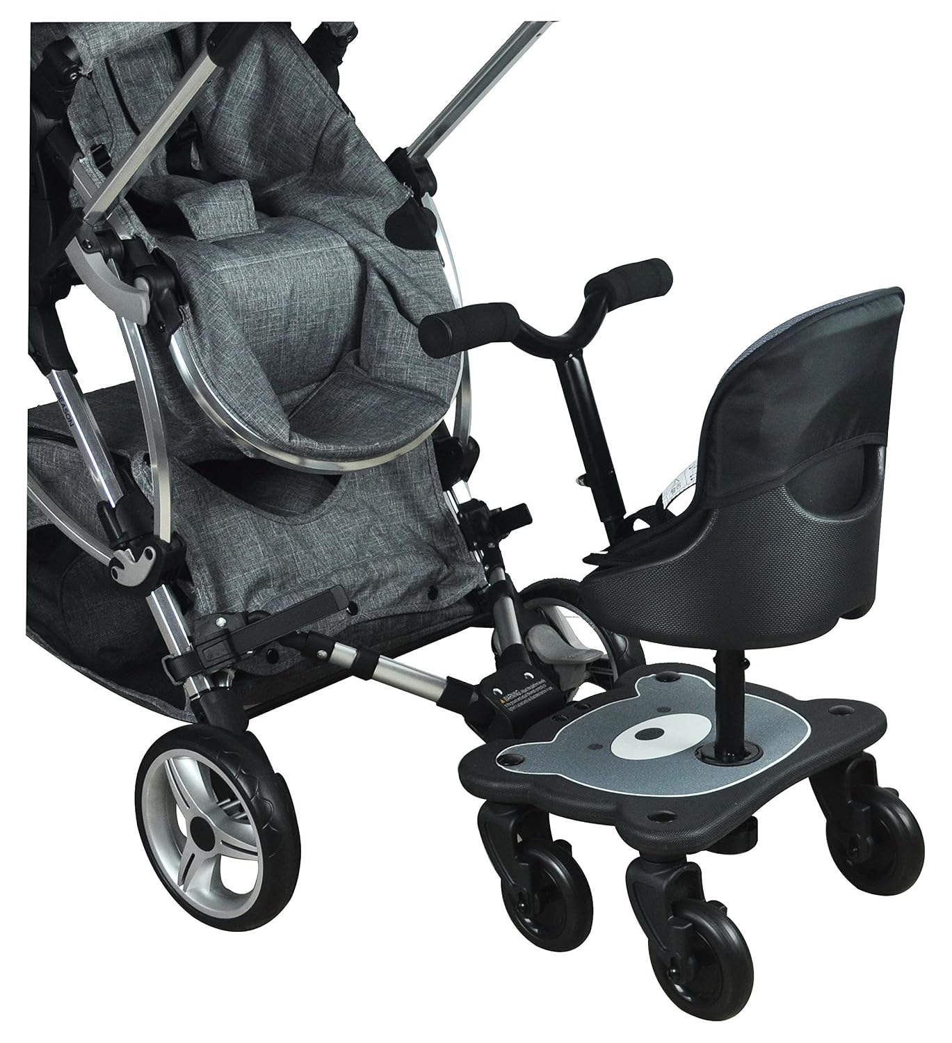 Englacha 2-in-1 Cozy 4-Wheel Rider, Black - Child Rider Stroller Attachment with Saddle Seat and Standing Platform - Universal Fit for Most Prams - Quick and Easy to Use - Designed for Safety