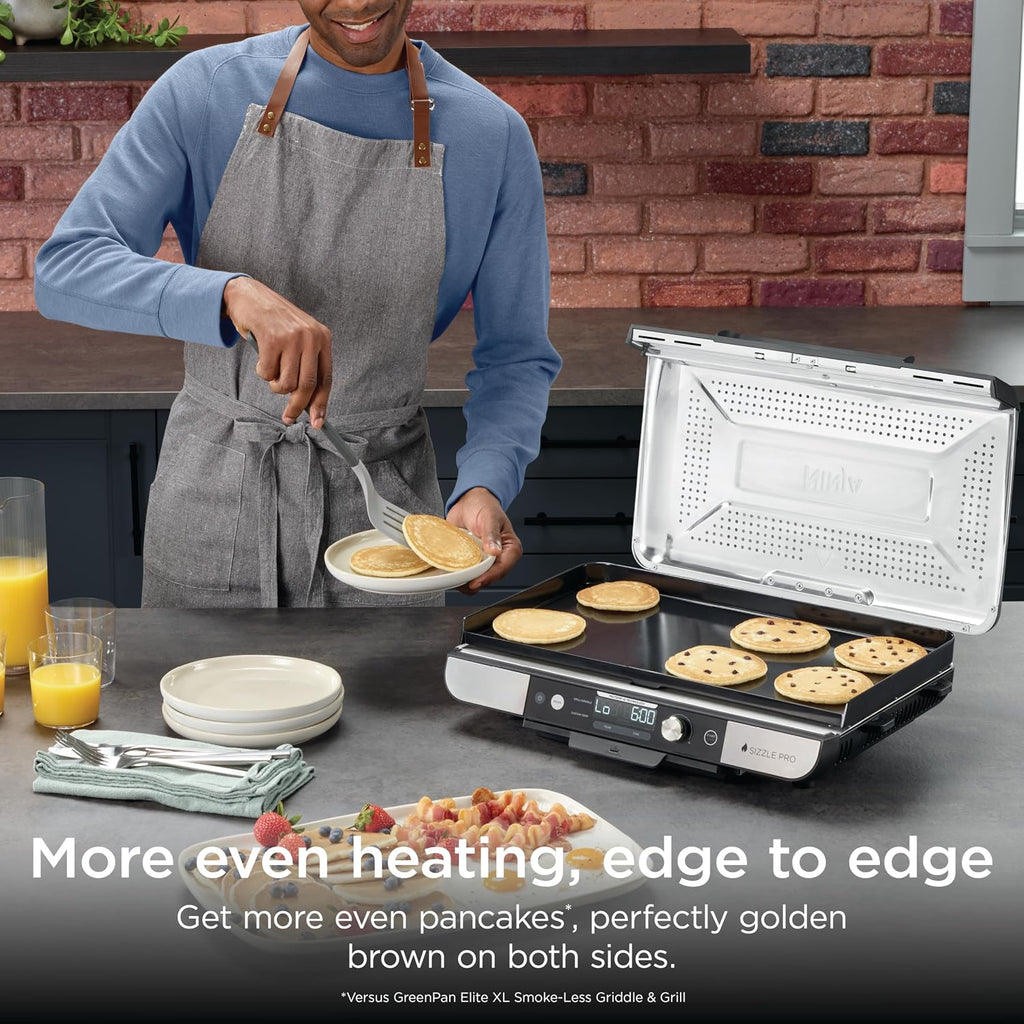 Ninja Sizzle Pro XL 20-Inch Indoor Griddle + Grill, Detachable Ventilated Lid, Grease Control, Ceramic Nonstick Plates, Even Edge Cooking, Extra Large Capacity, Versatile, Silver, GX101
