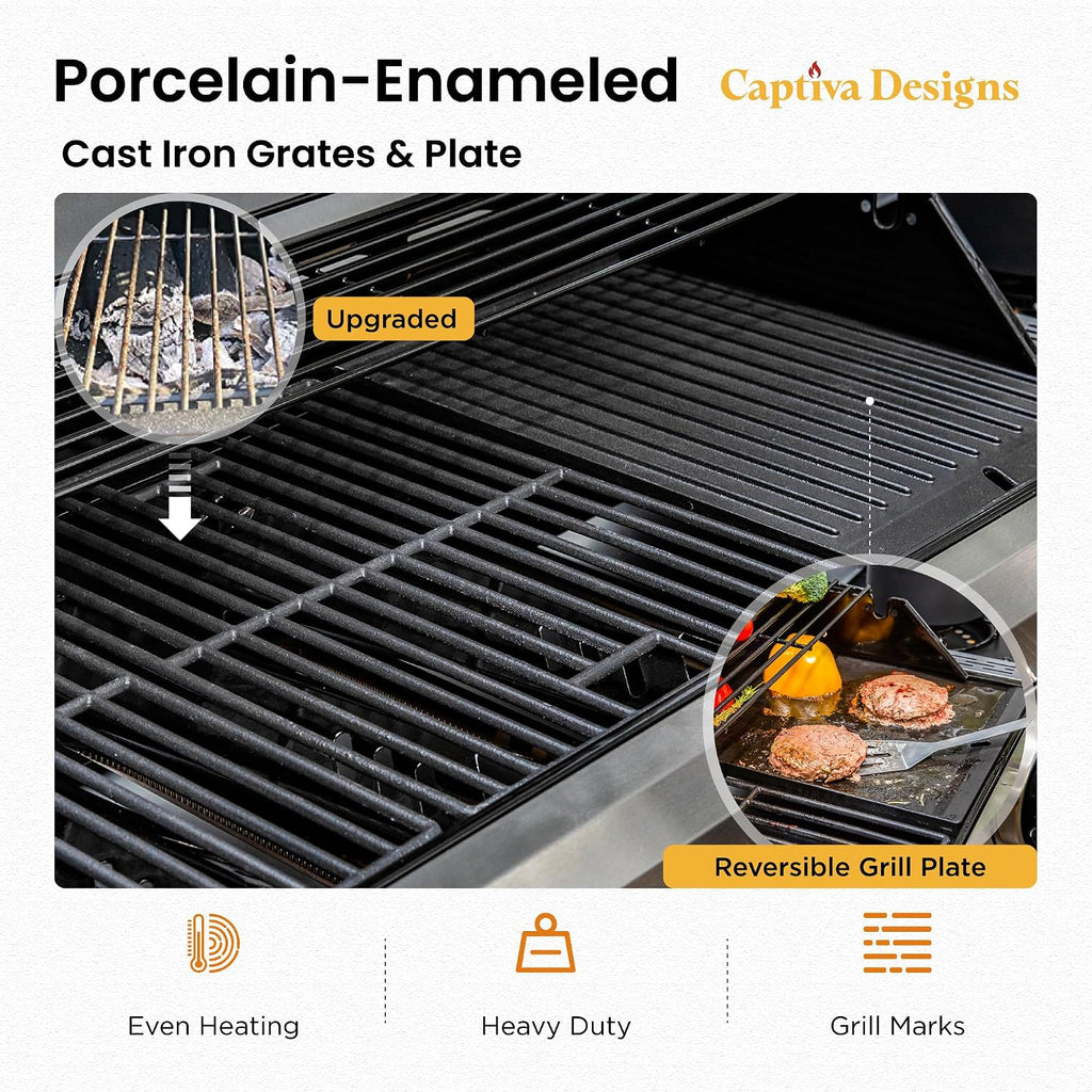 Captiva Designs 6-Burner Propane Gas BBQ Grill with Side Burner & Porcelain-Enameled Cast Iron Grate and Plate for Outdoor Barbucue Events, 52,000 BTU Output,740 SQ.IN. Cooking Area，Heavy Duty