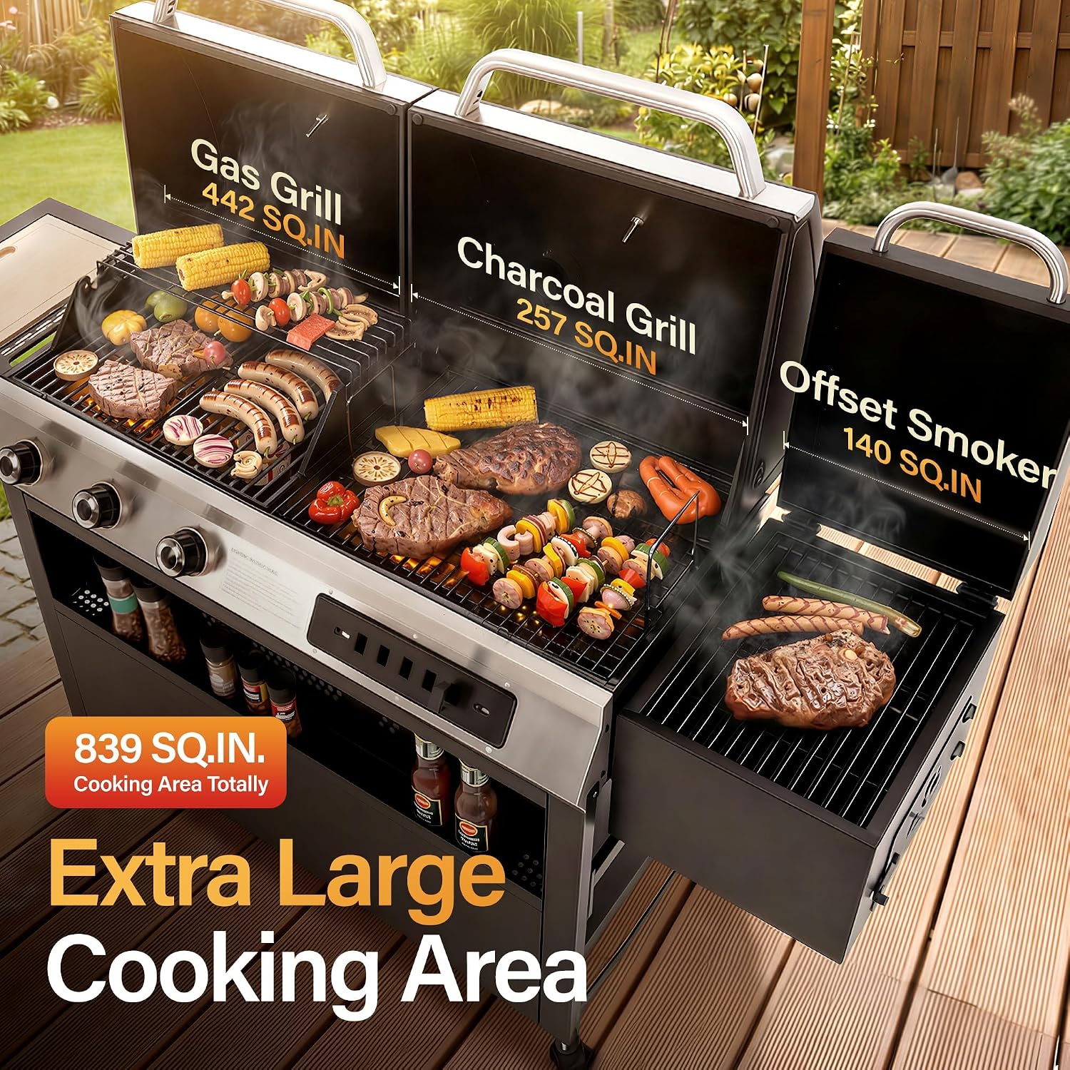 Sophia & William 3-Burner Gas and Charcoal Grill Combo with Offset Smoker - Dual Fuel BBQ Grill, 840 sq. in. Cooking Area, Heavy Duty Propane Barbecue for Outdoor Patio Cooking, Black