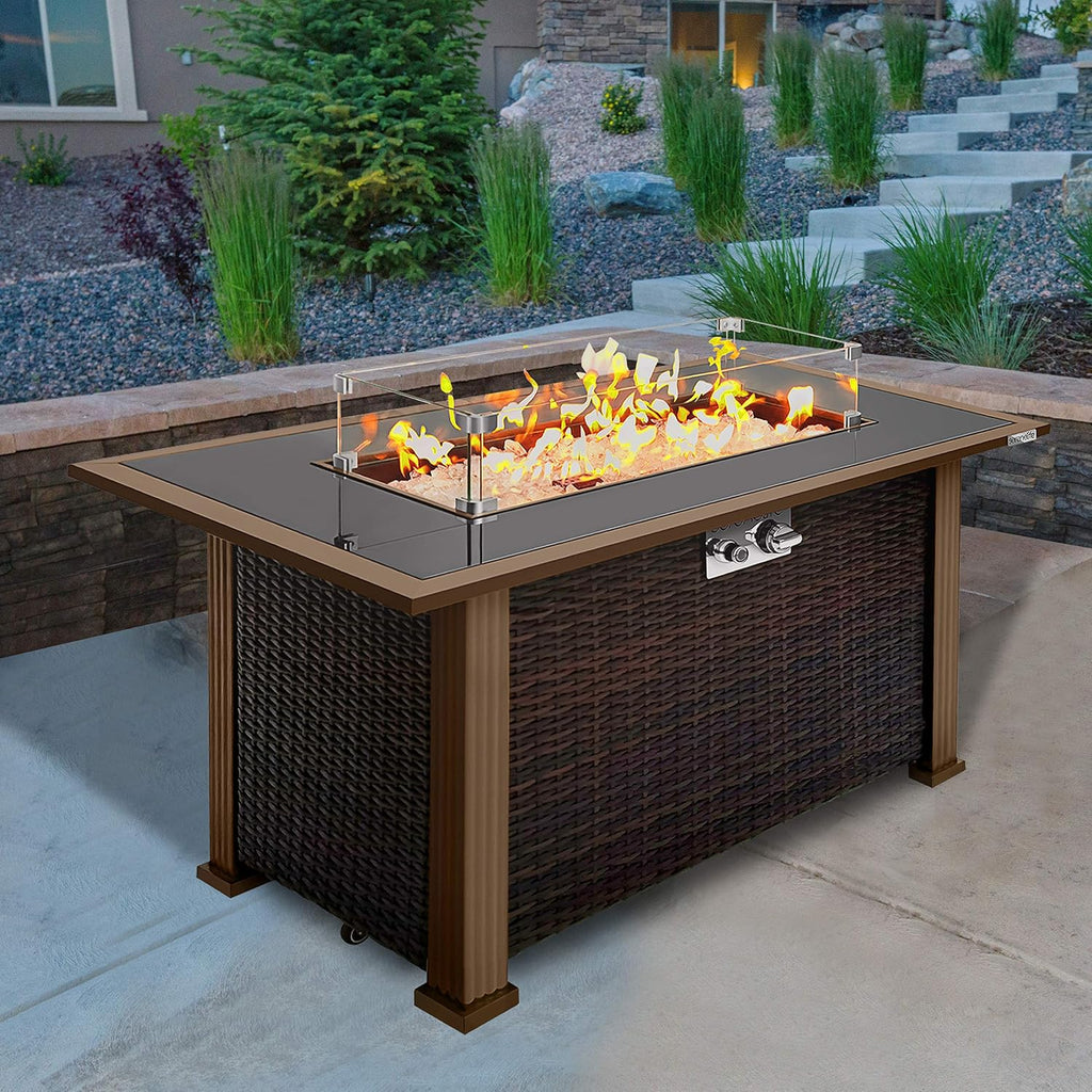 Outdoor Propane Fire Pit Table - CSA Approved Safe 50,000BTU Auto-Ignition Propane Gas Fire Table - Rattan Panel, Glass Wind Guard, Black Tempered Glass Tabletop, Clear Glass Rock - SereneLife SLFPTL