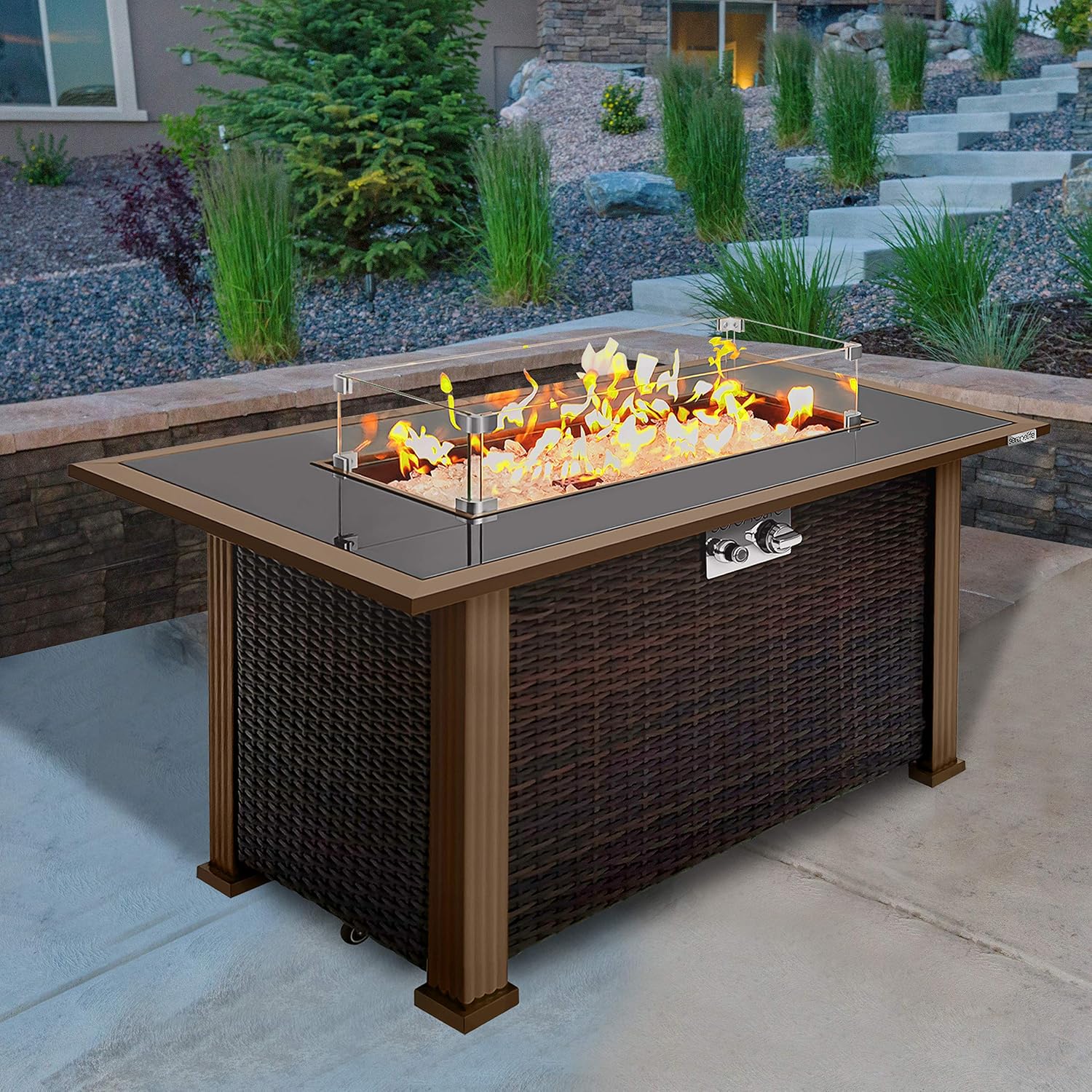 Outdoor Propane Fire Pit Table - CSA Approved Safe 50,000BTU Auto-Ignition Propane Gas Fire Table - Rattan Panel, Glass Wind Guard, Black Tempered Glass Tabletop, Clear Glass Rock - SereneLife SLFPTL