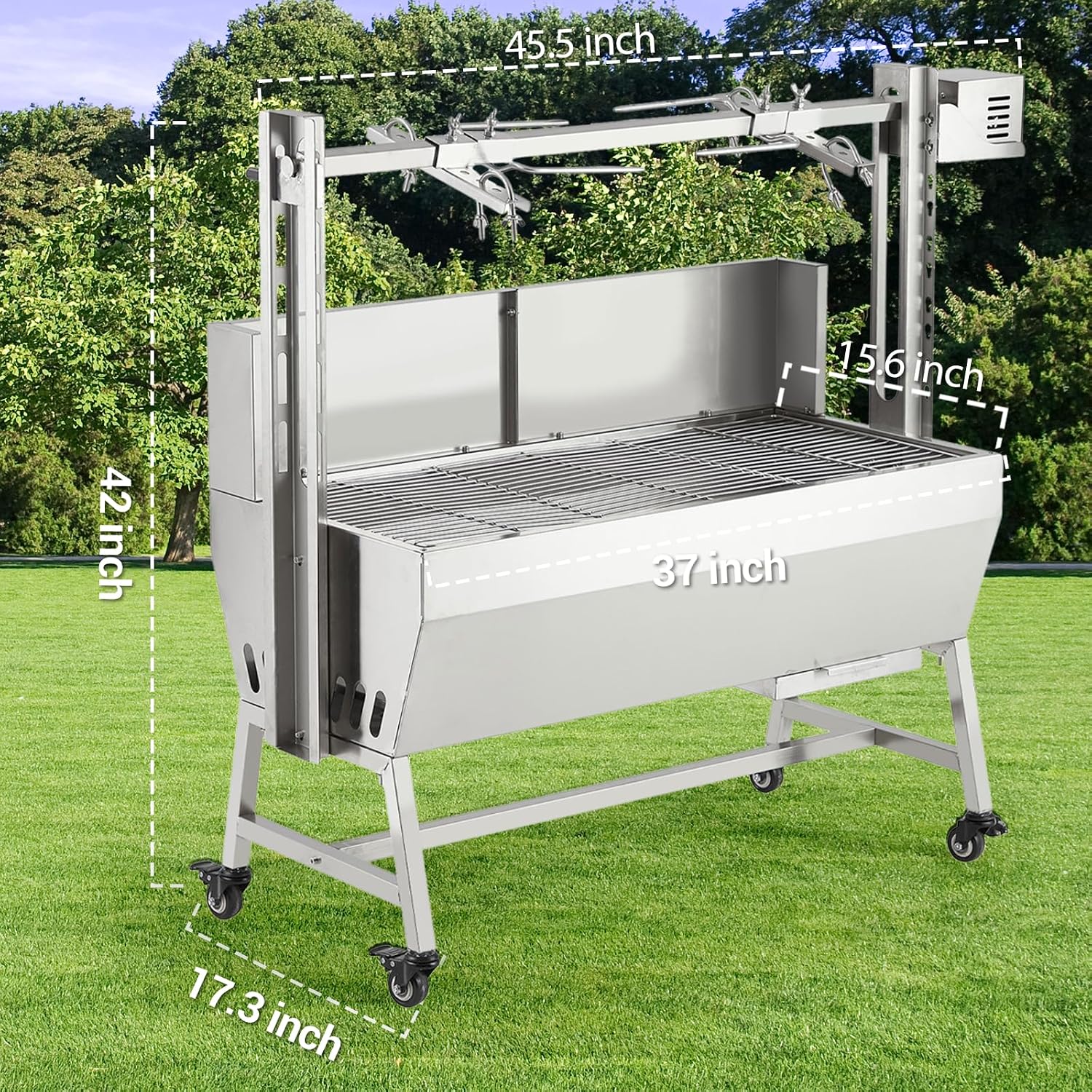 GarveeTech 37in Stainless Steel Electric Rotisserie Grill - 132LB Capacity for Whole Pig & Lamb, Charcoal Spit Roaster with Wind Screen, 50W Motor & Lockable Casters, Outdoor Camping BBQ