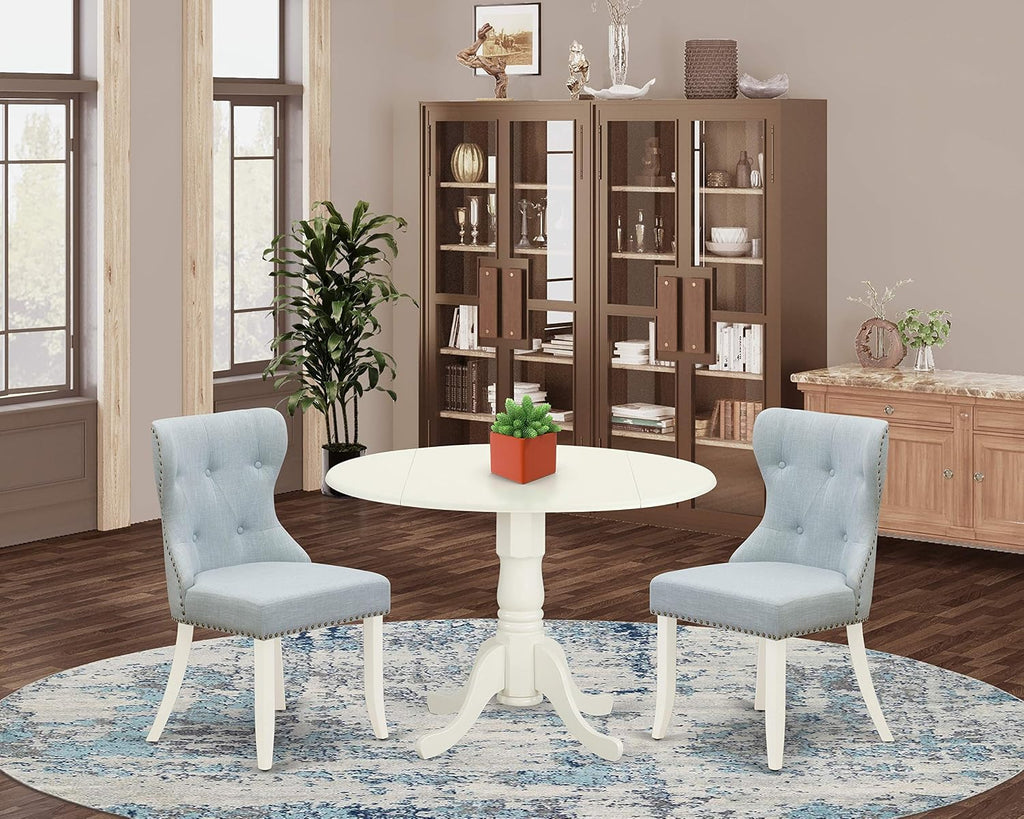East West Furniture DLSI3-WHI-15 3 Piece Dining Room Furniture Set Contains a Round Dining Table with Dropleaf and 2 Baby Blue Linen Fabric Upholstered Chairs, 42x42 Inch, Linen White