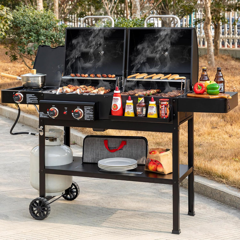 ZH3005 2-Burner Gas and Charcoal Combo Grill with Side Burner, 34,000 BTU Dual Fuel Grill, 823 Sq. In. Cooking Area, for Outdoor Patio Garden Picnic Backyard Cooking, Black
