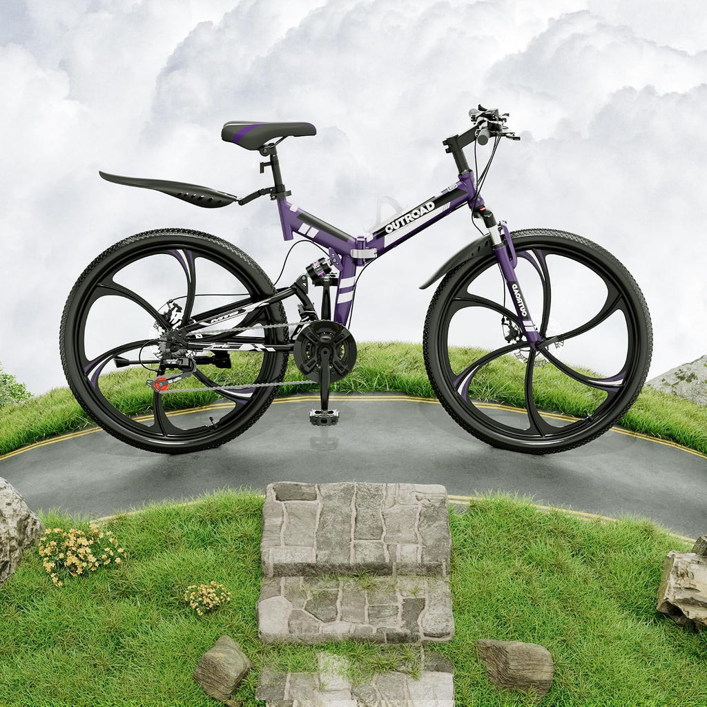 Outroad 26 Inch Folding Mountain Bike, 21 Speed Full Suspension High-Carbon Steel MTB Foldable Bicycle, Dual Disc Brake Non-Slip Folding Bikes for Adults/Men/Women, Black, Orange and Green