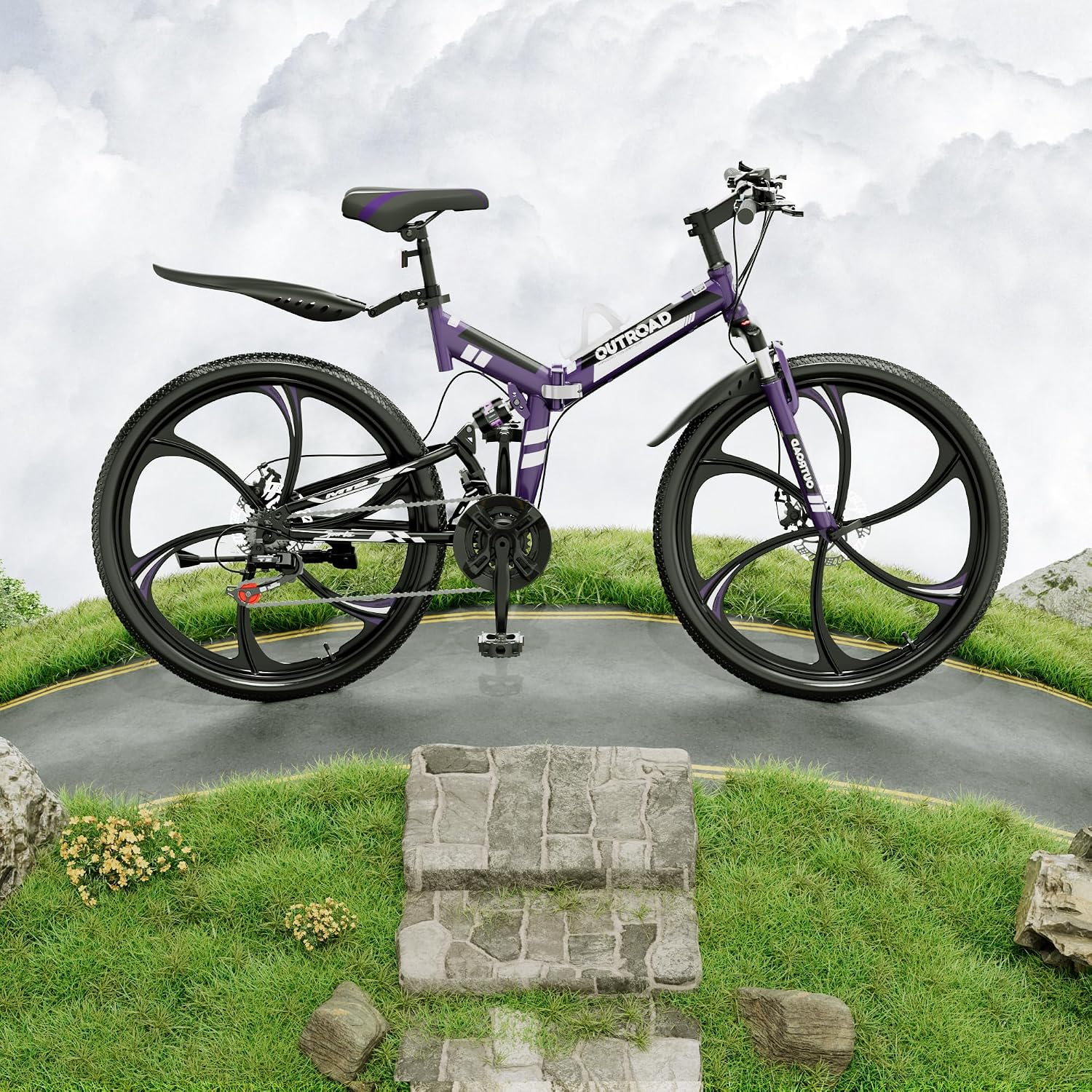 Outroad 26 Inch Folding Mountain Bike, 21 Speed Full Suspension High-Carbon Steel MTB Foldable Bicycle, Dual Disc Brake Non-Slip Folding Bikes for Adults/Men/Women, Black, Orange and Green