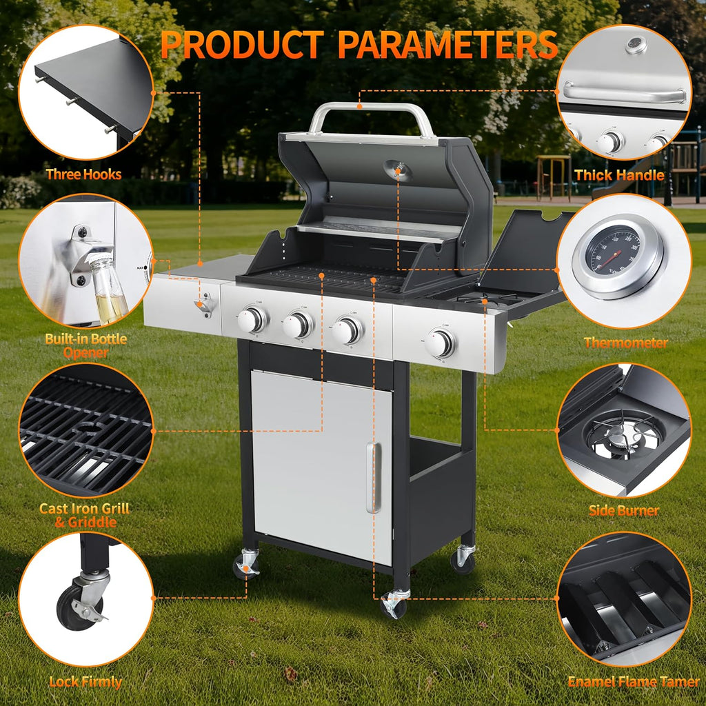 3-Burner Propane Grill for Backyard - 37,230 BTU BBQ with Side Burner, Porcelain Cast Iron Grates, Stainless Steel Outdoor Grill for Camping & Tailgating, Fast Heating