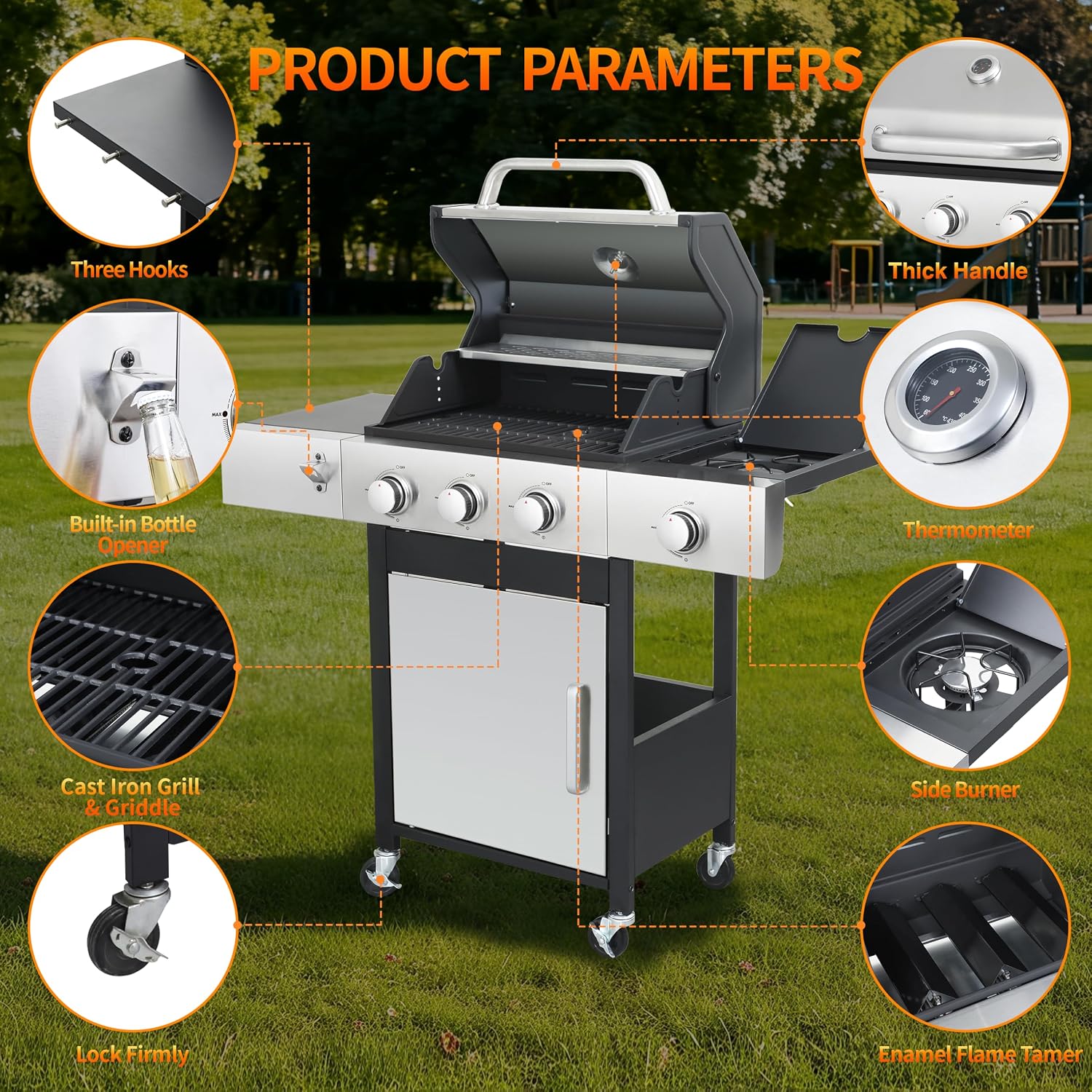 3-Burner Propane Grill for Backyard - 37,230 BTU BBQ with Side Burner, Porcelain Cast Iron Grates, Stainless Steel Outdoor Grill for Camping & Tailgating, Fast Heating