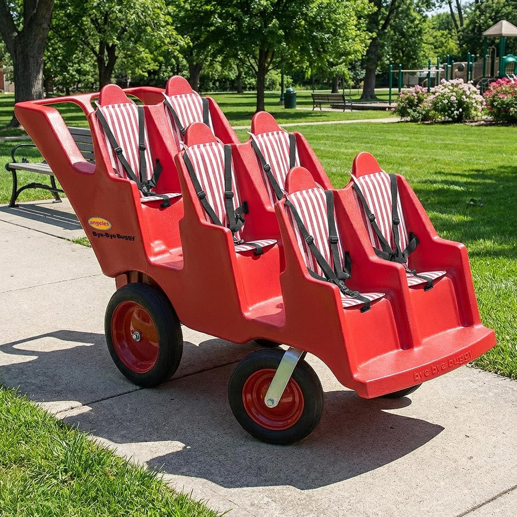 Angeles Bye Bye Buggy 6 Passenger Stroller, Sturdy Daycare Stroller with Fat Tires, Easy-to-Fasten Safety Buckles, Parking Brake, & 360 Pivoting Wheels, Red with Stripe Cushions