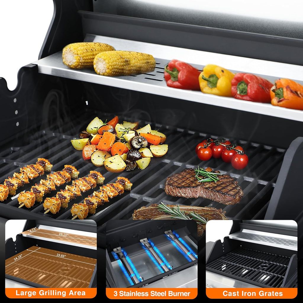 3-Burner Propane Grill for Backyard - 37,230 BTU BBQ with Side Burner, Porcelain Cast Iron Grates, Stainless Steel Outdoor Grill for Camping & Tailgating, Fast Heating