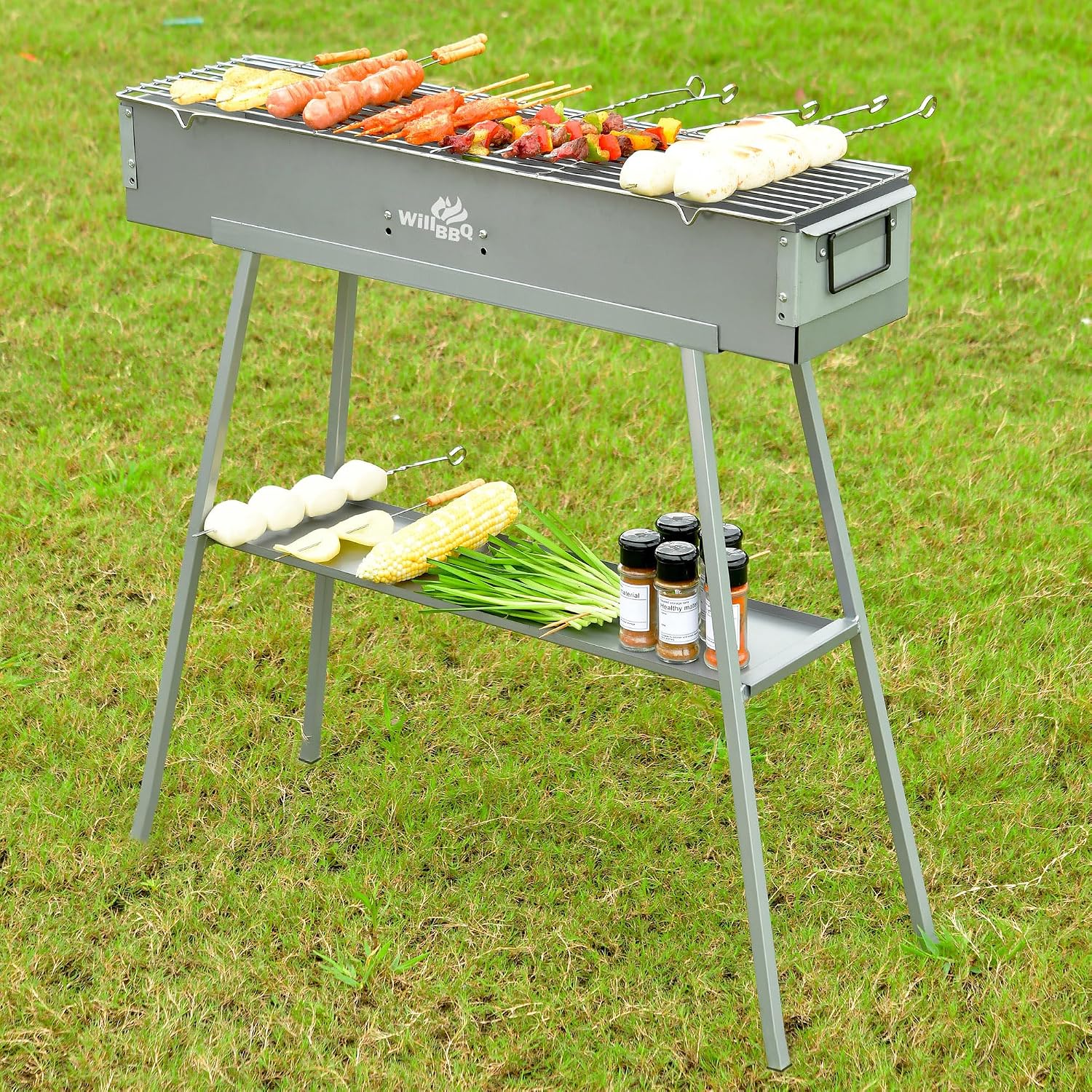 WILLBBQ Charcoal Grill for Tailgate Patio Beach Backyard, Alloy Steel BBQ Barbecue Outdoor Grilling with Durable Support Frame and Dual Adjustable Vents (31.6x7.1x5.1 inch With Accessories)