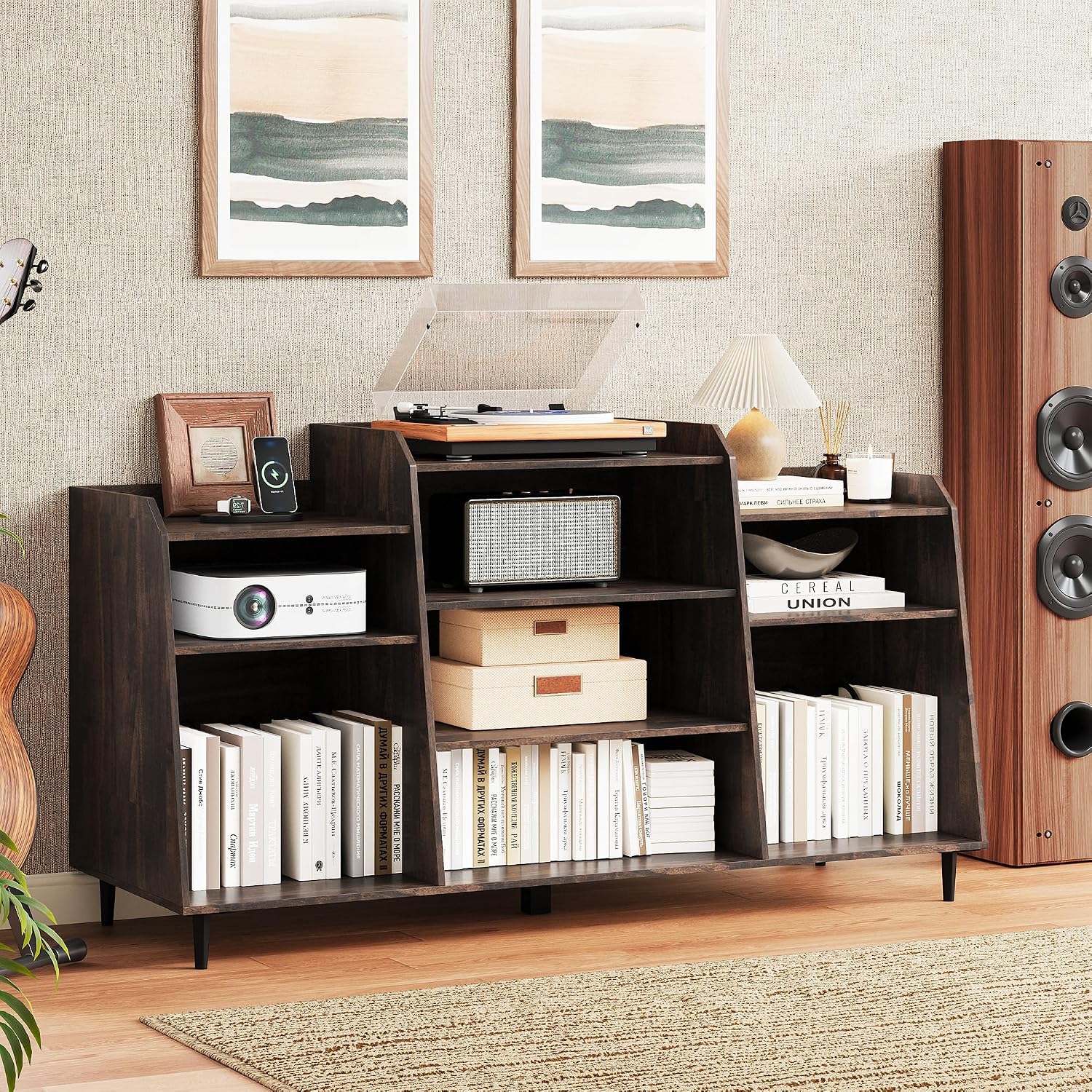 Rresyet 55' Record Player Stand with Charging Station, 4-Tier Vinyl Record Storage Cabinet with Divided Shelves, Adjustable Shelf，Large Capacity Storage for Music Room Living Room