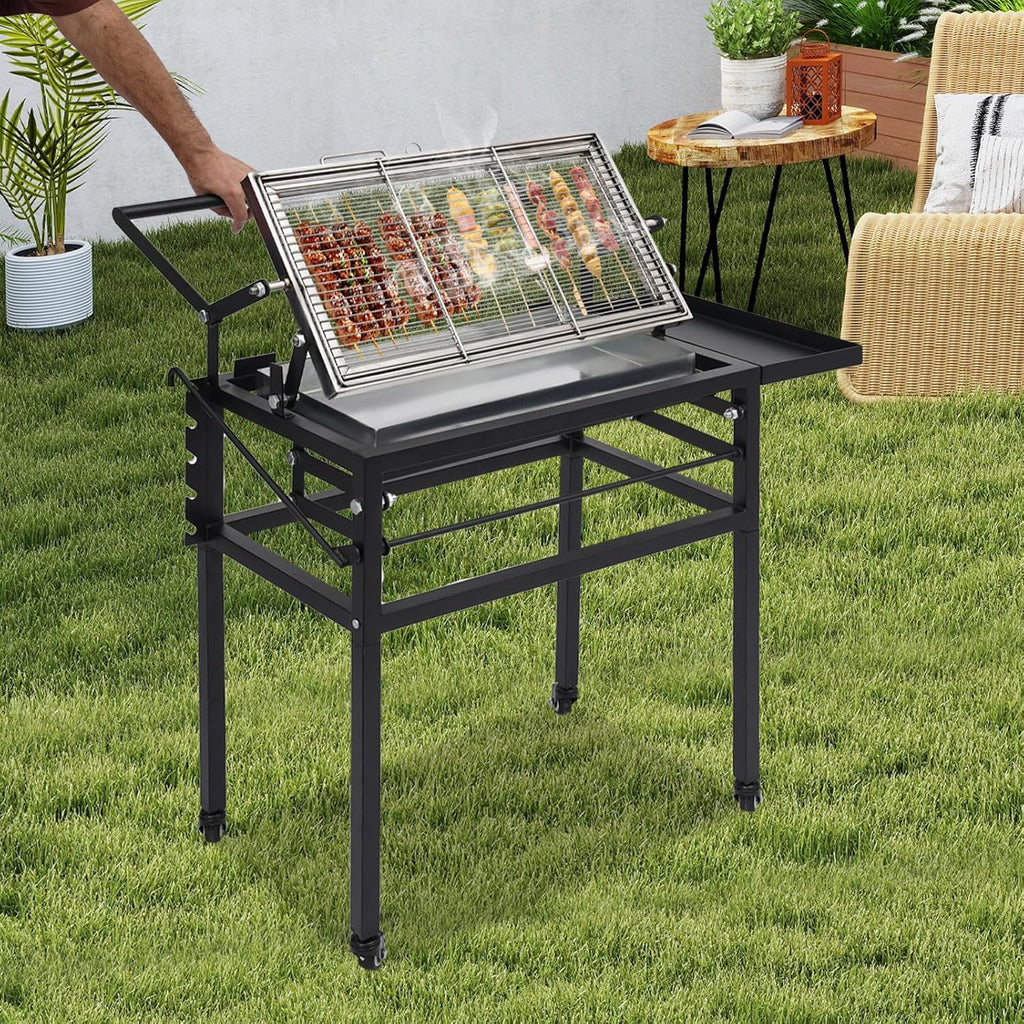 360° Rotating Charcoal Grill with Cart & Wheels, Charcoal Flip Grill for BBQ, Heavy Duty Square Outdoor Detachable Portable Grill for Camping, Picnic, Patio & Backyard Parties