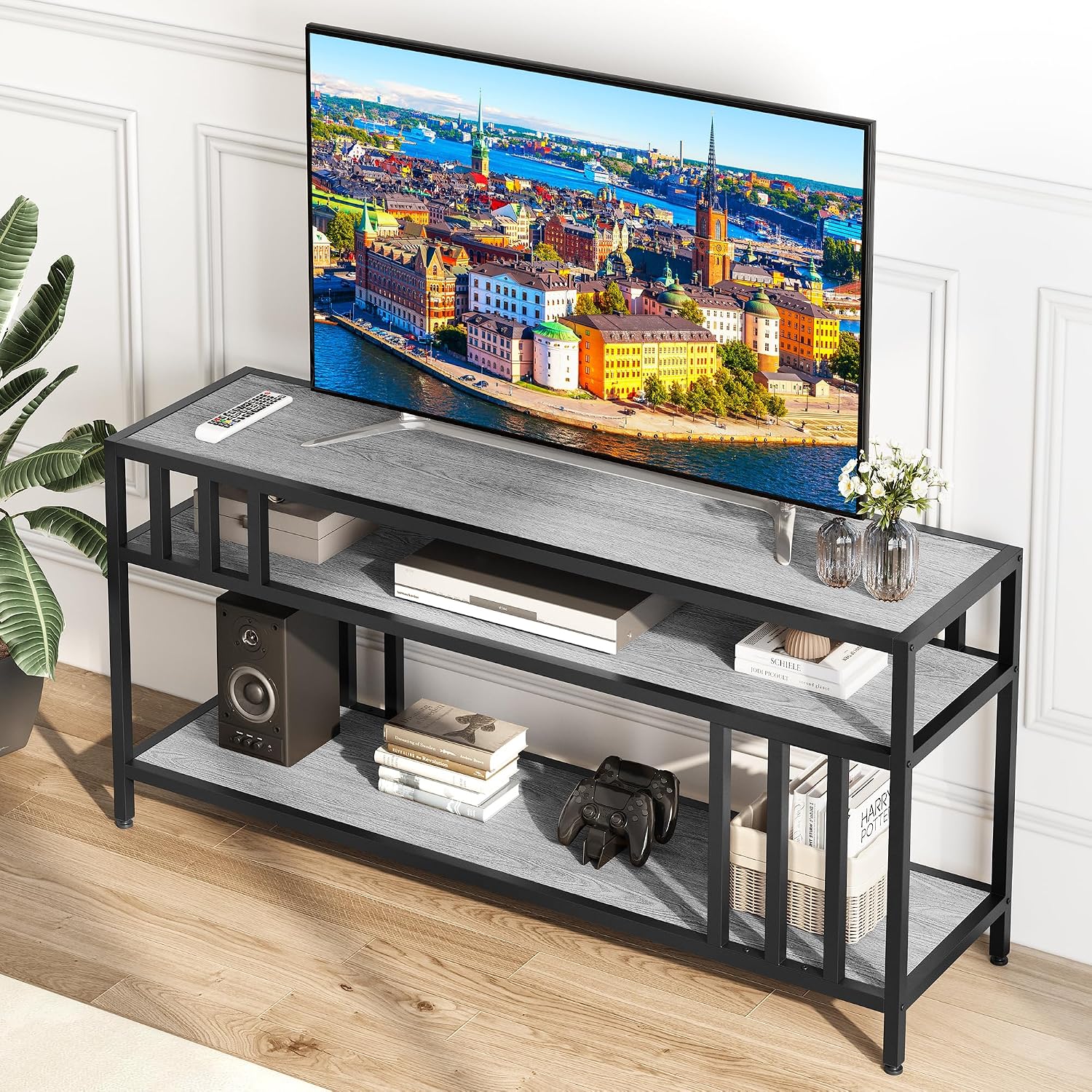 GarveeHome 58 in TV Stand for TV up to 65 in, Entertainment Center with Open Storage Shelves, TV Media Console Table with Quadruple-Tube Support for Living Room, Bedroom - 58 in Grey