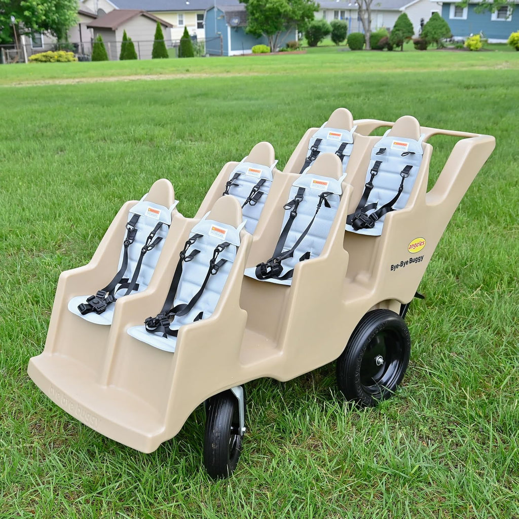 Angeles Bye Bye Buggy 6 Passenger Stroller, Sturdy Daycare Stroller with Fat Tires, Easy-to-Fasten Safety Buckles, Parking Brake, & 360 Pivoting Wheels, Tan