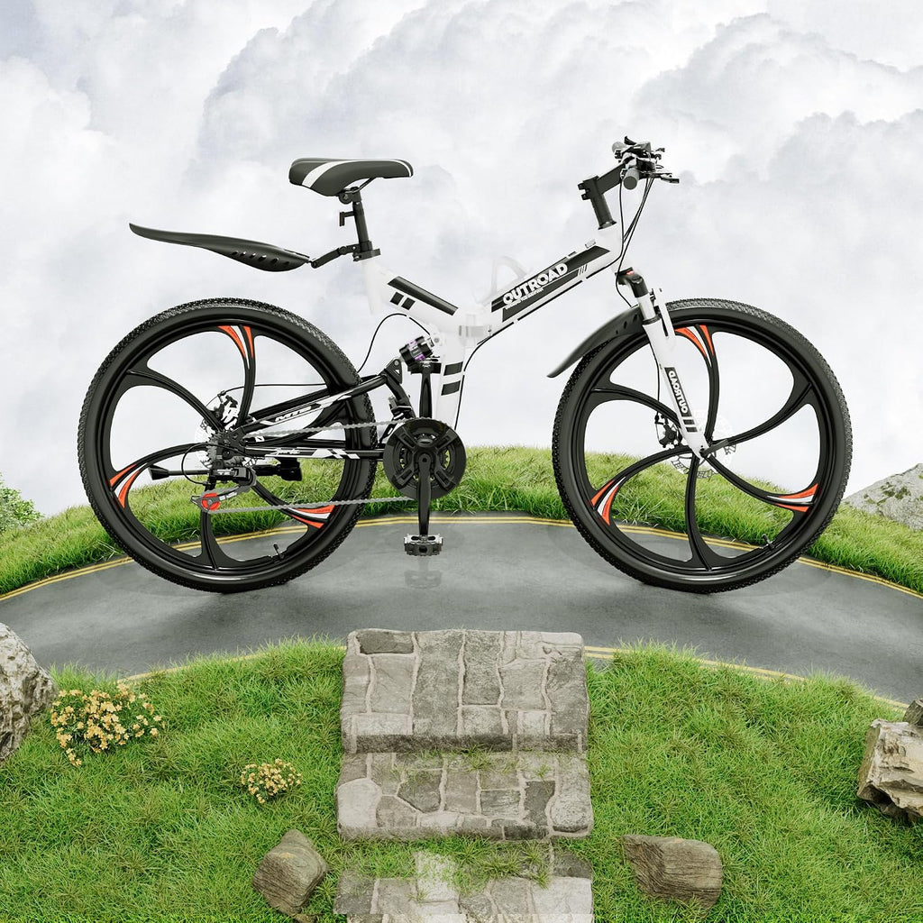 Outroad 26 Inch Folding Mountain Bike, 21 Speed Full Suspension High-Carbon Steel MTB Foldable Bicycle, Dual Disc Brake Non-Slip Folding Bikes for Adults/Men/Women, Black, Orange and Green