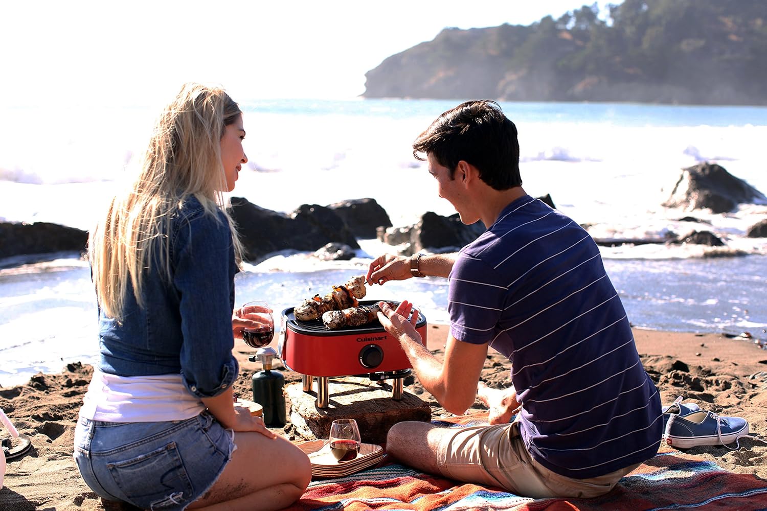 Cuisinart Venture™ Portable Gas Grill, Small Camping Grill with Cutting Board and Handle, Non Stick Porcelain Enameled Cast Iron Grate, 9,000 BTU Stainless Steel Burner for Camping, Tailgates, Beaches