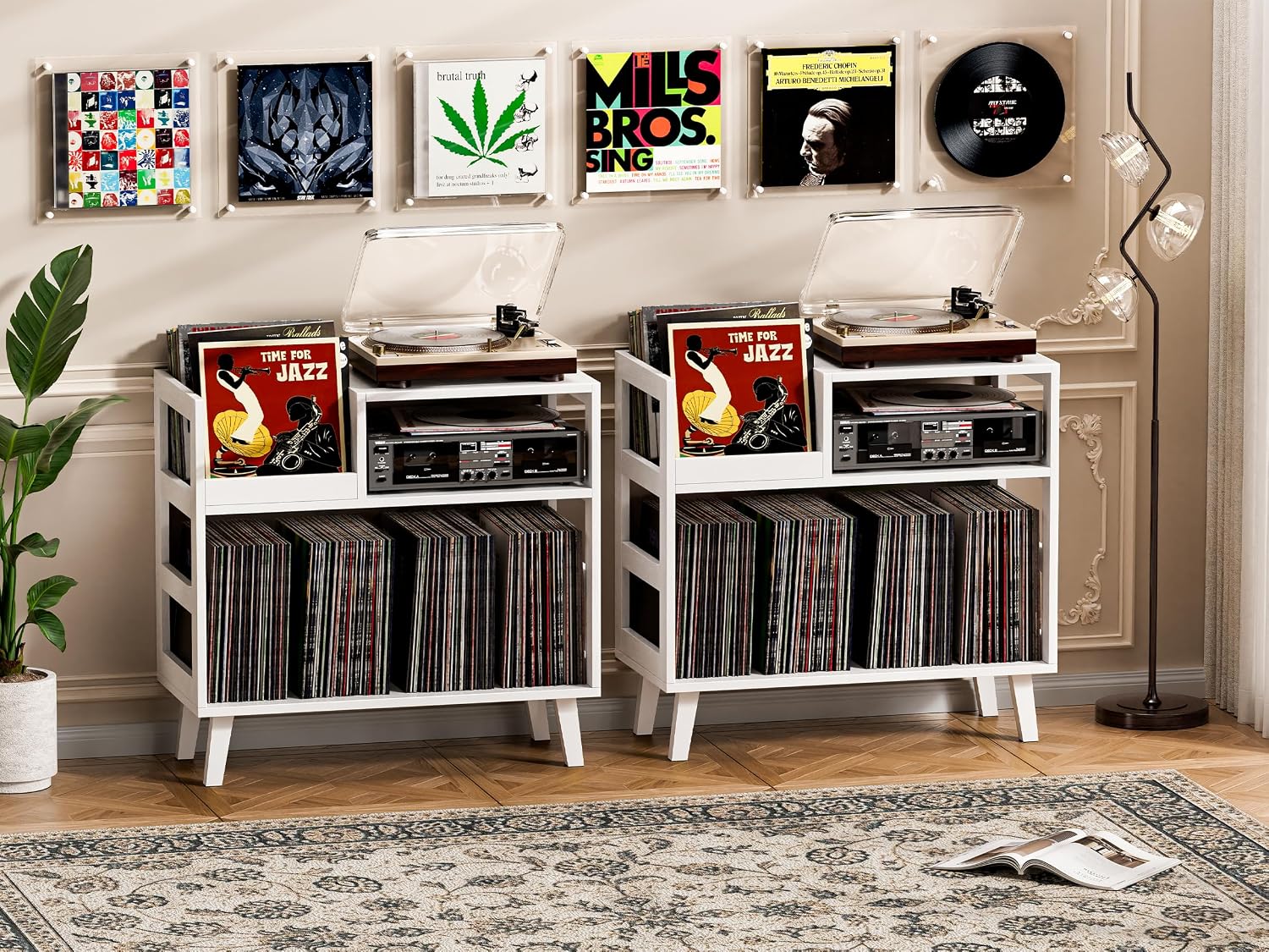 Record Player Stand with Vinyl Storage, Mid-Century Modern Turntable Stand Holds 150+ Albums, Record Player Table with Metal Dividers, Wood Media Console for Living Room (White, Single-Sided Small)