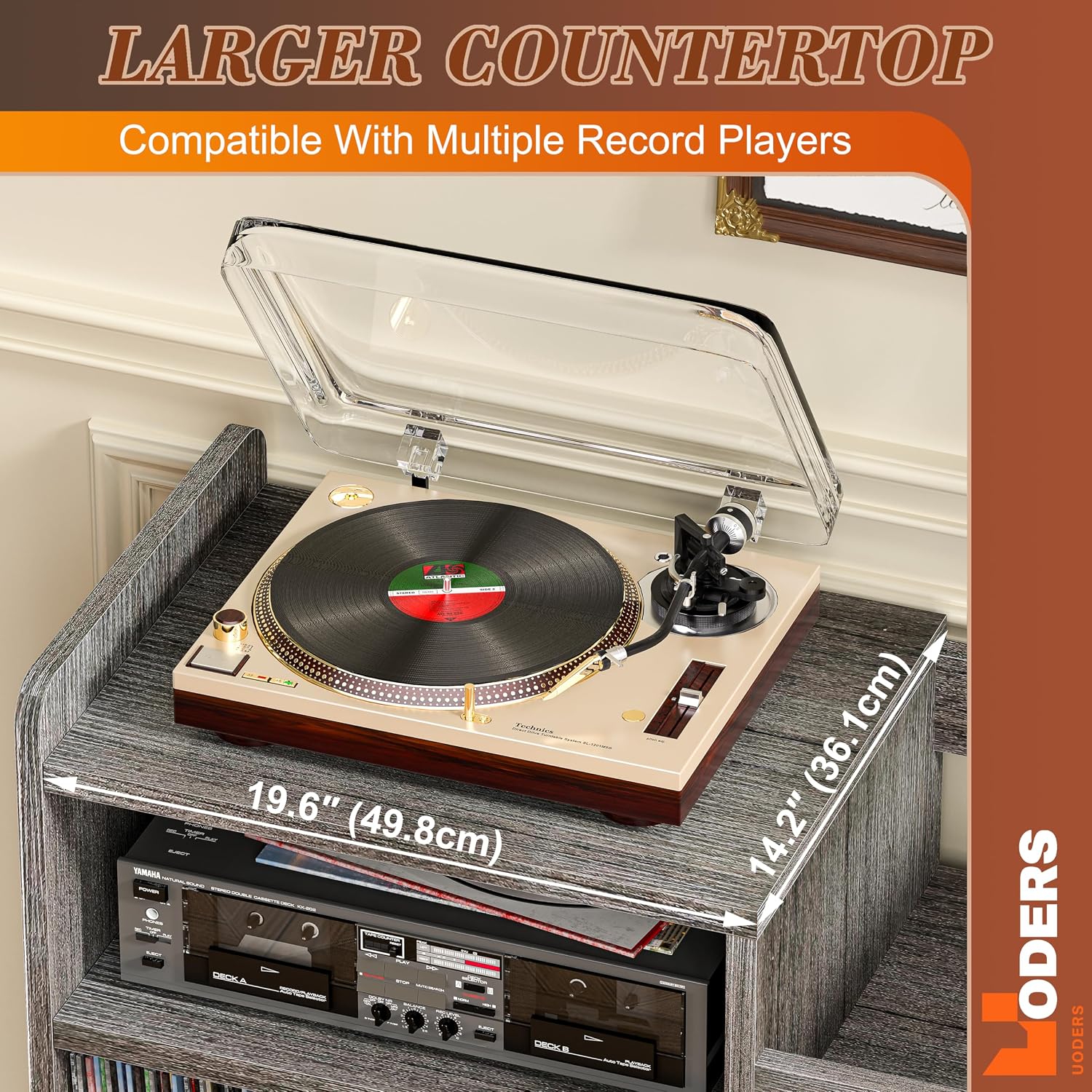 Record Player Stand, Large Record Player Table Cabinet with Open Vinyl Storage and Display Shelf Holds up to 250 Albums, Mid Century Wood Turntable for Living Room, Bedroom (Grey)