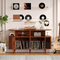 GarveeHome 55 in Large Round Record Player Stand with Charging Station and USB Ports, Mid-Century Rustic Vinyl Record Player Turntable Stand Storage Cabinet with Open Shelves Holder