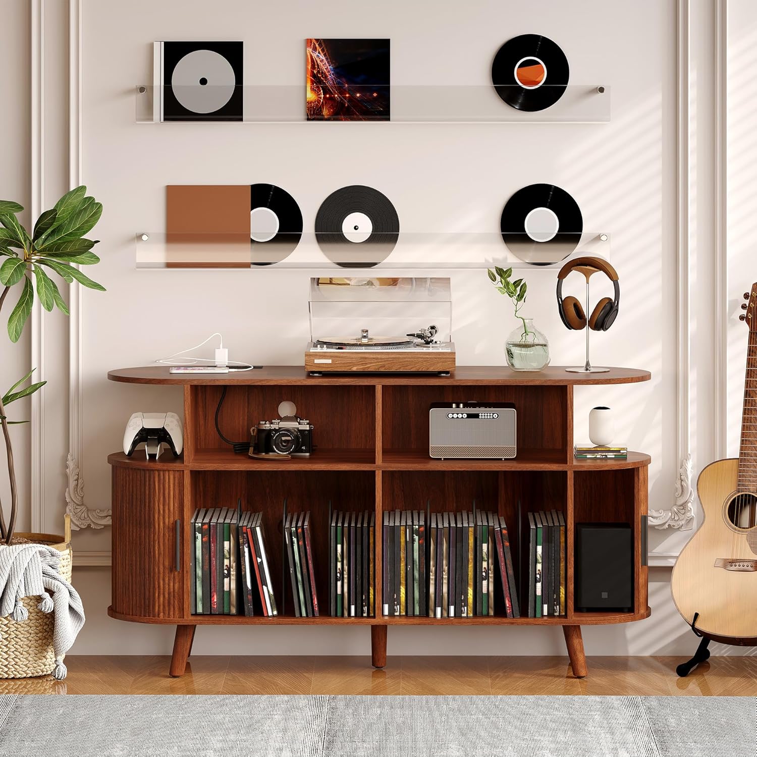 GarveeHome 55 in Large Round Record Player Stand with Charging Station and USB Ports, Mid-Century Rustic Vinyl Record Player Turntable Stand Storage Cabinet with Open Shelves Holder