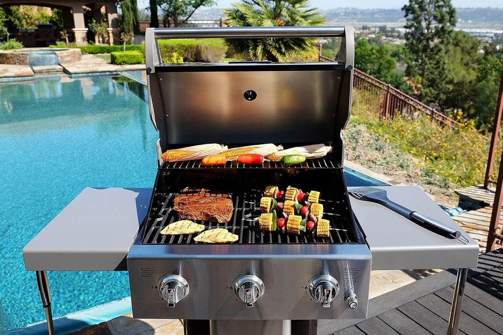 Permasteel 3-Burner Propane Gas Grill, 30,000 BTUs BBQ Grill with Cast Iron Grates, Foldable Side Tables & Tool Hooks, Outdoor Grill, Mocha