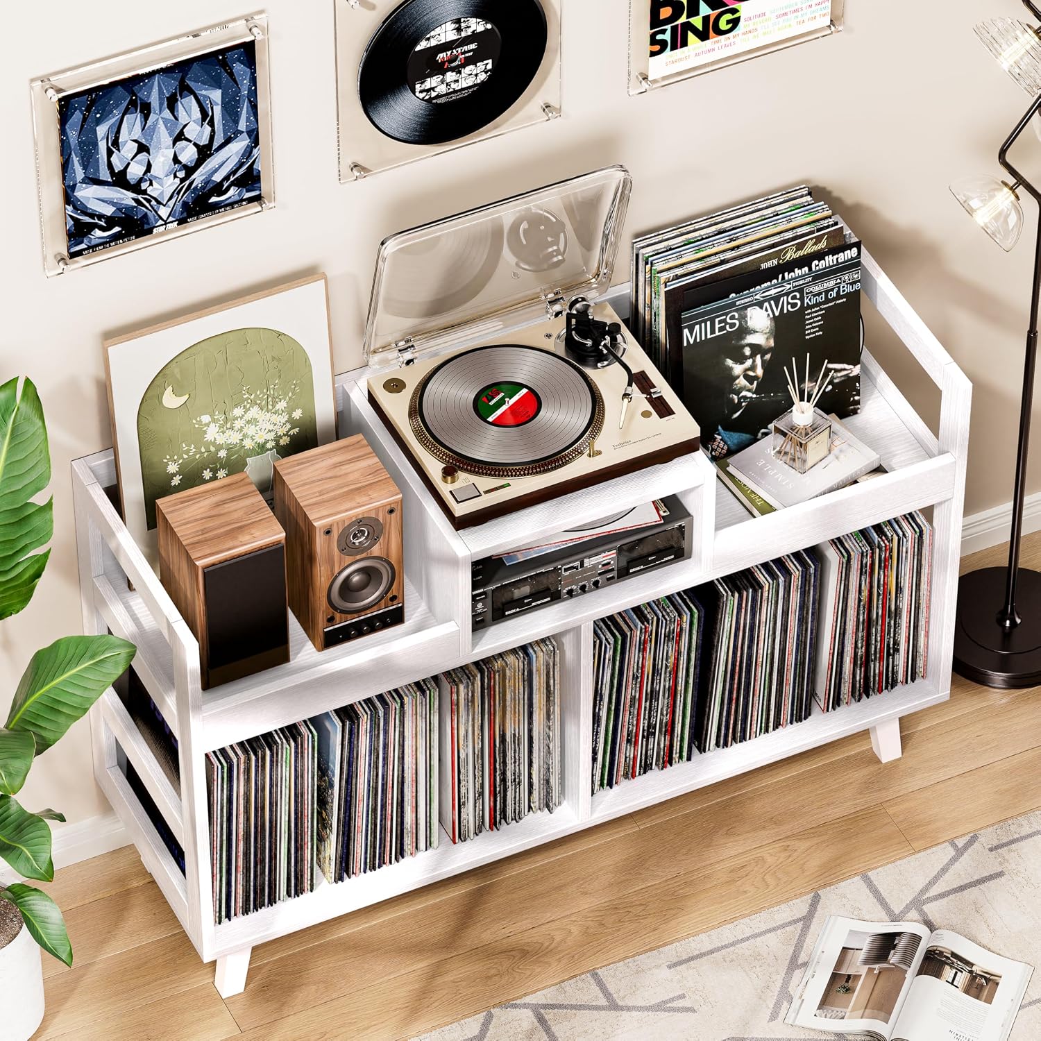 Record Player Stand with Vinyl Storage, Mid-Century Modern Turntable Stand Holds 450+ Albums, Large Wood Record Player Table with Metal Dividers, Wood Media Console for Living Room, (White, Double-Sided Large)