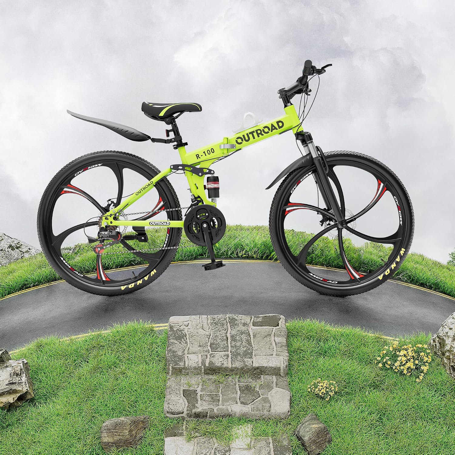 Outroad 26 Inch Folding Mountain Bike, 21 Speed Full Suspension High-Carbon Steel MTB Foldable Bicycle, Dual Disc Brake Non-Slip Folding Bikes for Adults/Men/Women, Black, Orange and Green