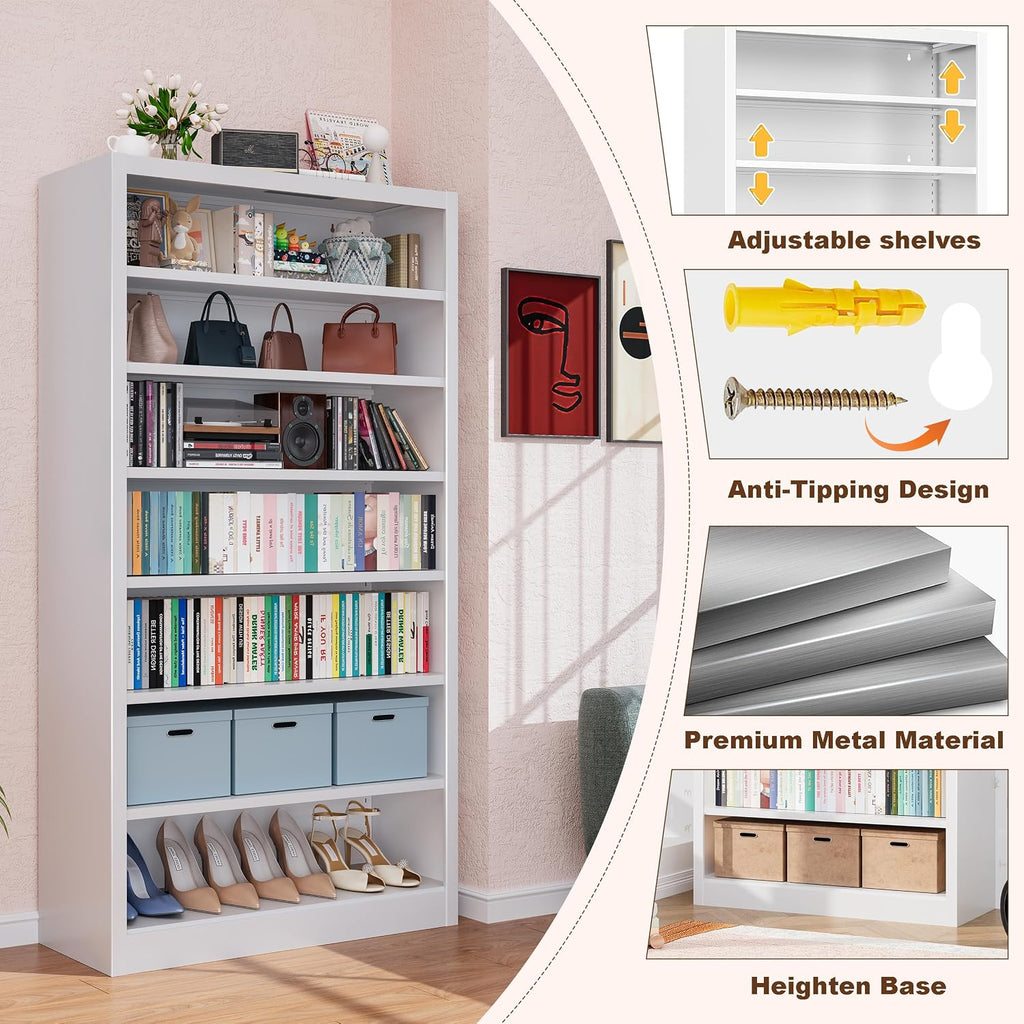Metal DVD Storage Cabinet, 7 Tier Tall Media Storage Shelf with Adjustable Shelves, Freestanding CD & DVD Rack Tower Bookshelf for Living Room, Home Entertainment,White