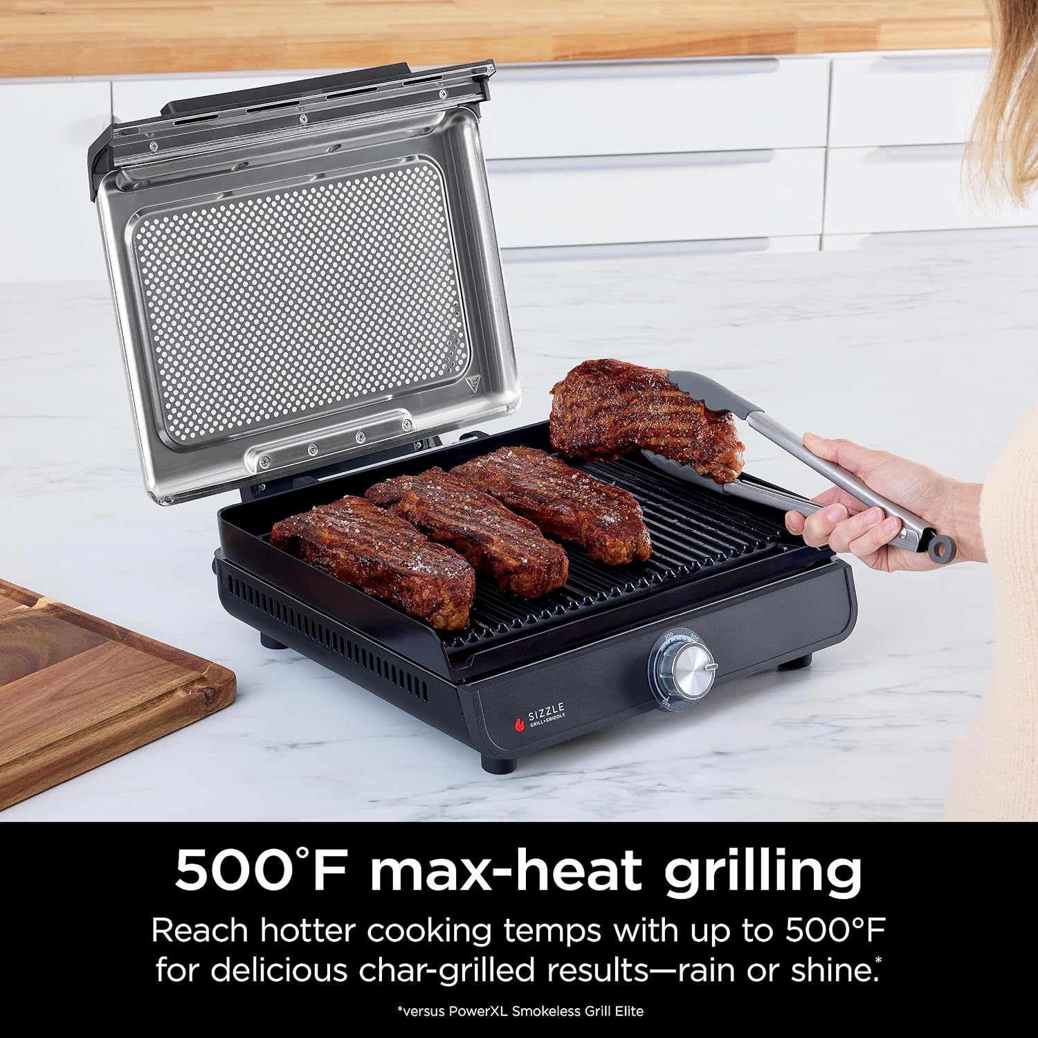 Ninja Griddle and Indoor Grill, 14'', Electric Grill, For Steak, Burgers, Salmon, Veggies, and More, Pancake Griddle, Nonstick, Dishwasher Safe, 500F, Even Cooking, Silver, GR101