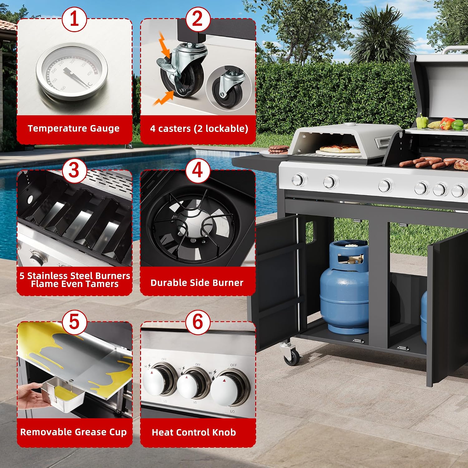 MELLCOM 3 IN 1 Pizza Griddle Grill Combo, 74,000 BTU 5-Burner Stainless Steel Propane Gas Grill with Side Burner, Porcelain Enameled Cast Iron Grates, Griddle & Pizza Oven for Outdoor Patio Backyard