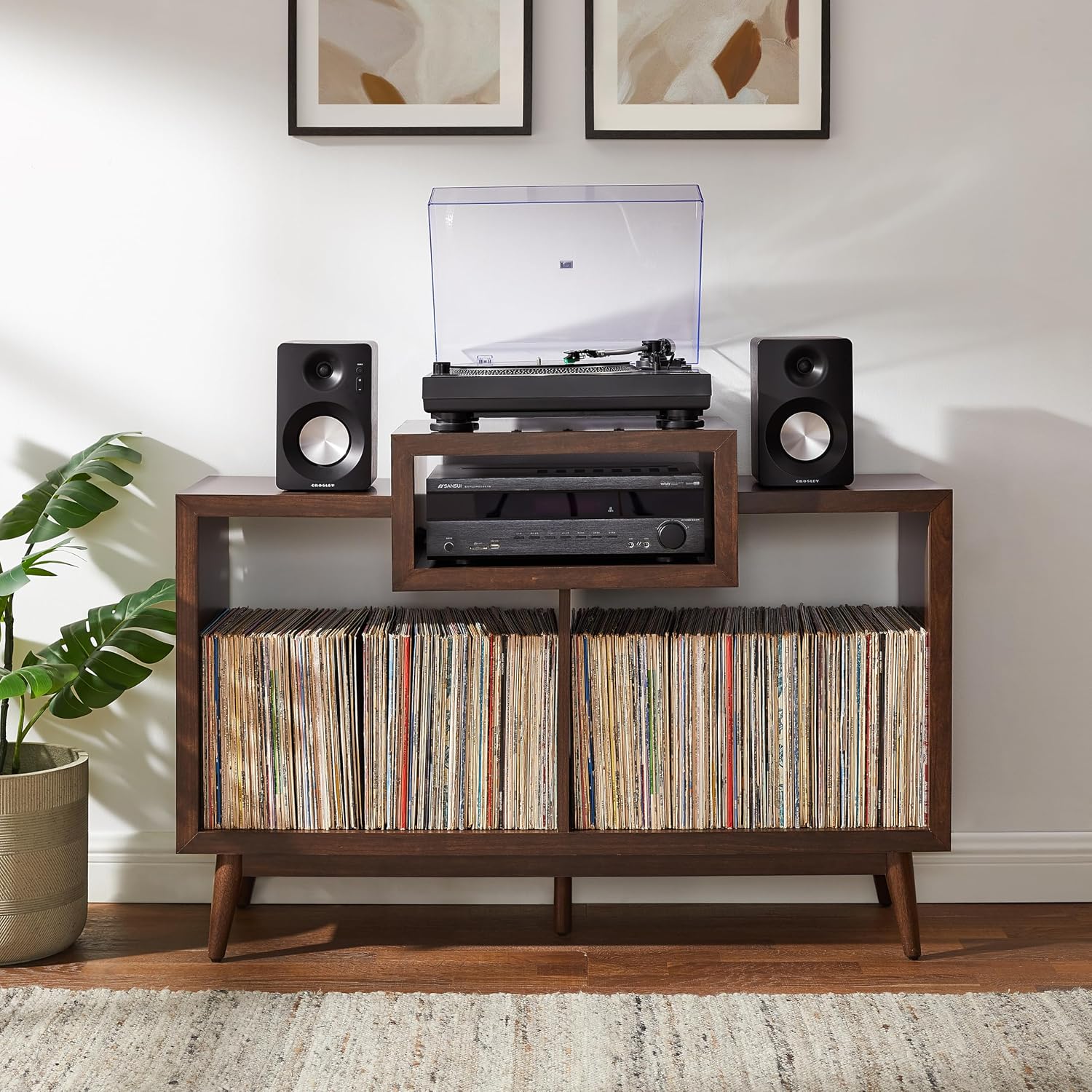 Crosley Furniture Nashville Mid Century Modern Console Record Player Stand, Stores Up to 220 Vinyl Records, Medium, Brown